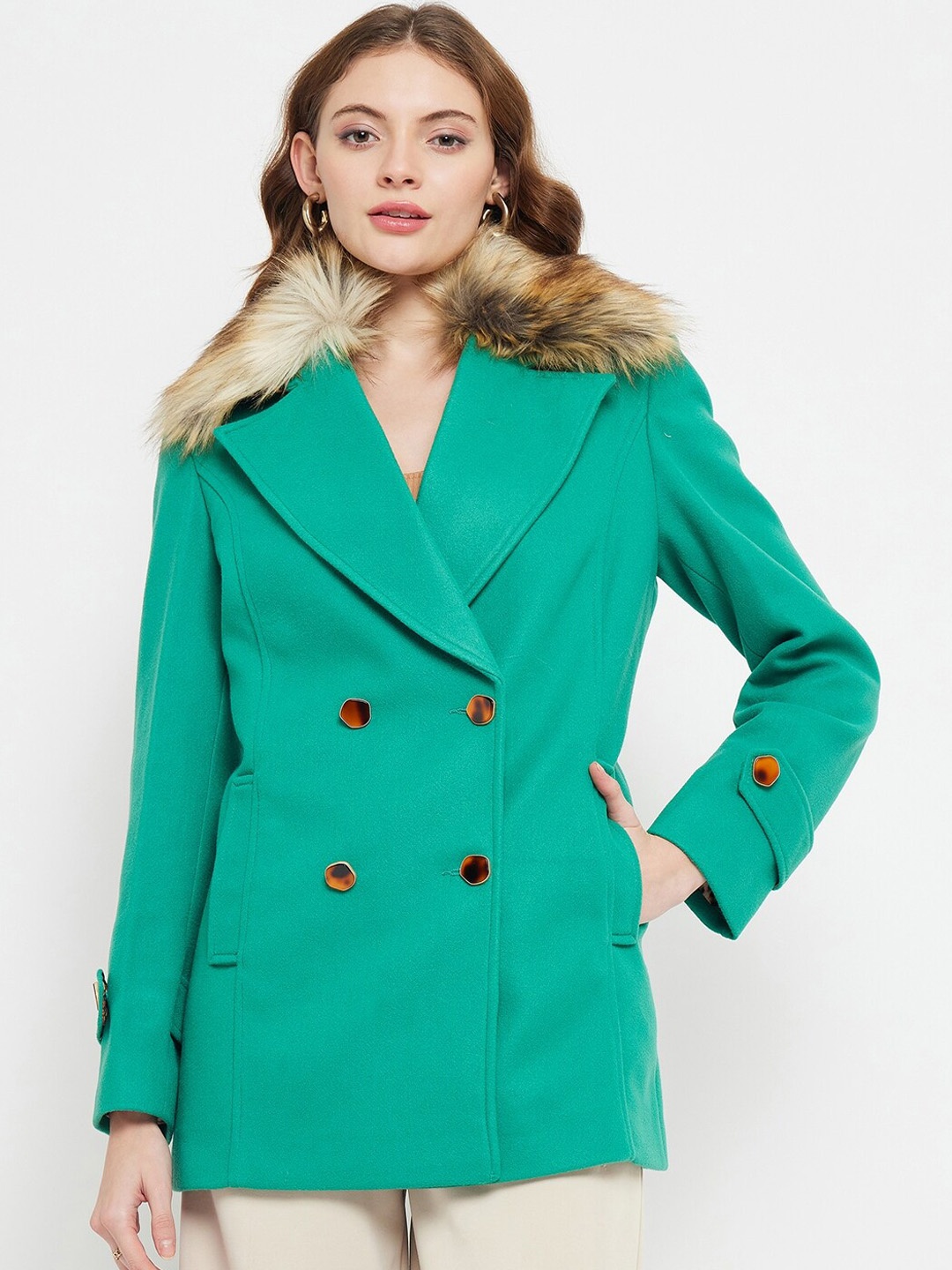 

Madame Notched Lapel Double Breasted Pea Coat, Green