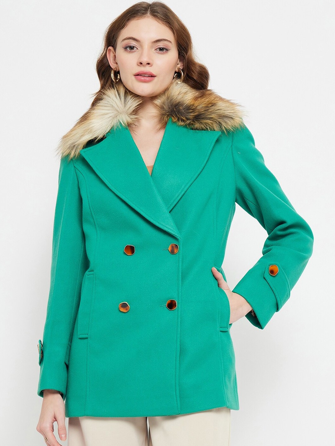 

Madame Shawl Collar Long Sleeves Double-Breasted Overcoat, Green