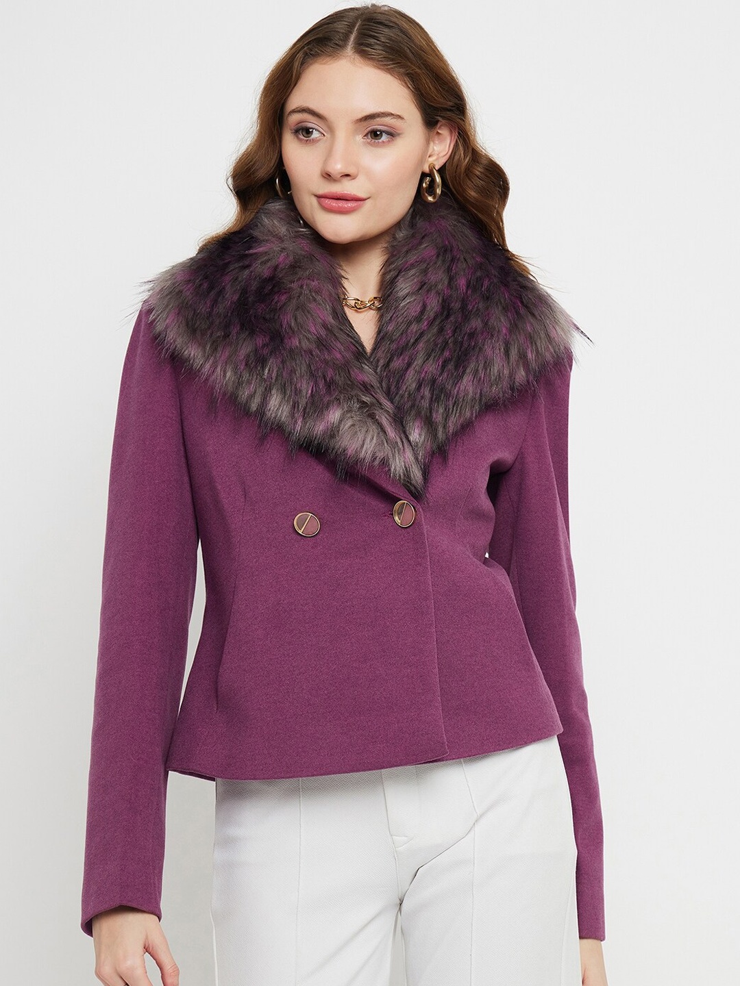 

Madame Shawl Collar Long Sleeves Double-Breasted Crop Overcoat, Purple