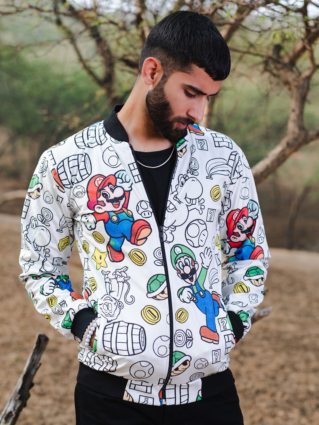 Tistabene Super Mario Printed Lightweight Velvet Bomber Jacket, White