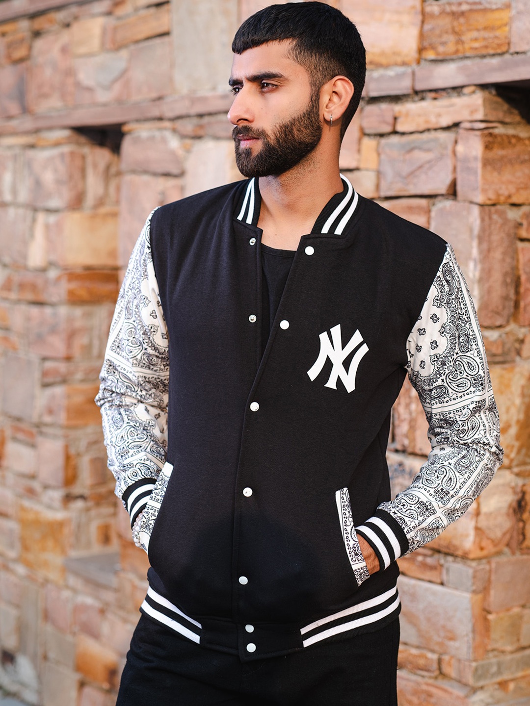 

Tistabene Paisley Printed Lightweight Cotton Varsity Jacket, Black