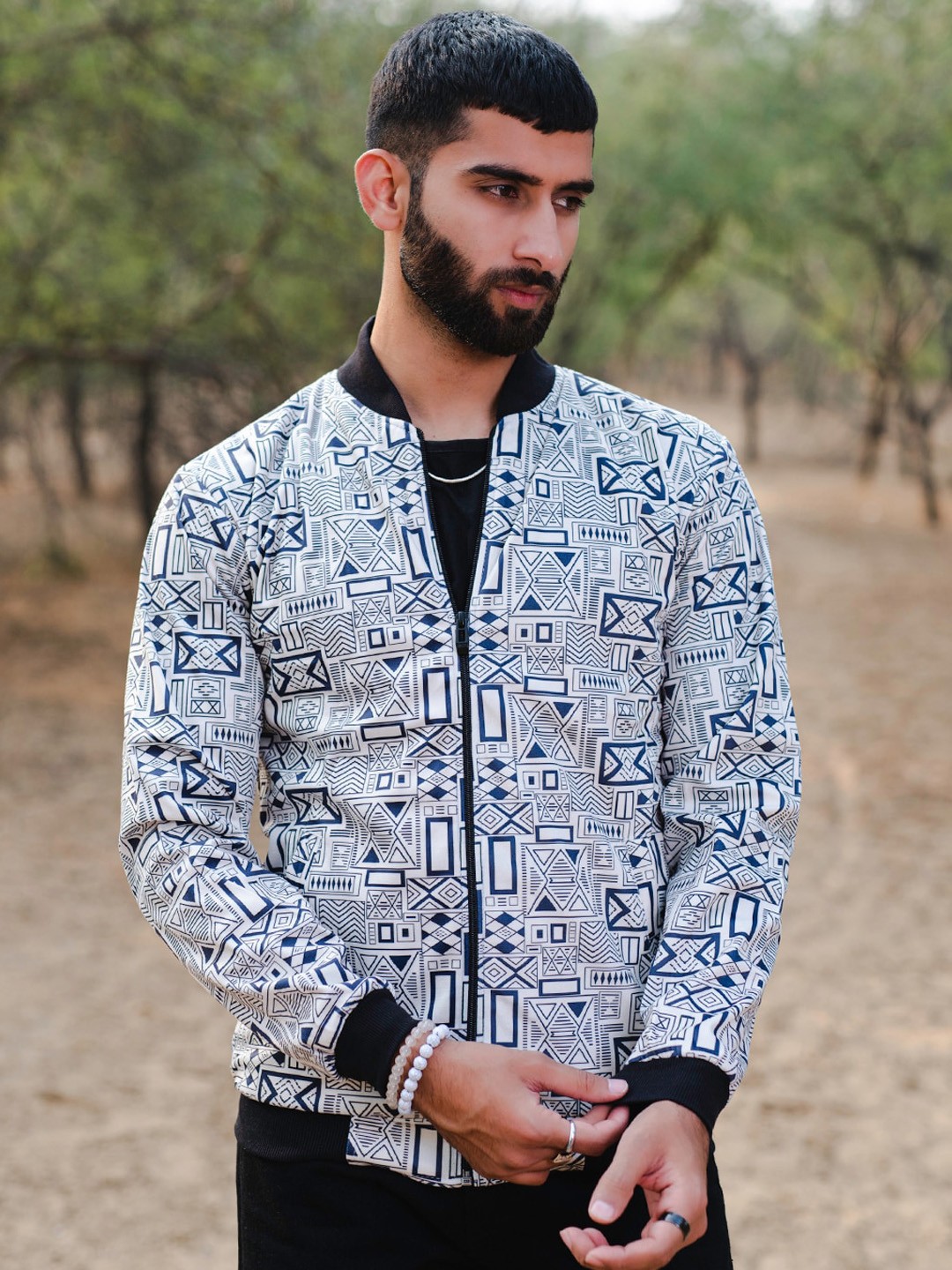 

Tistabene Geometric Printed Lightweight Velvet Bomber Jacket, White
