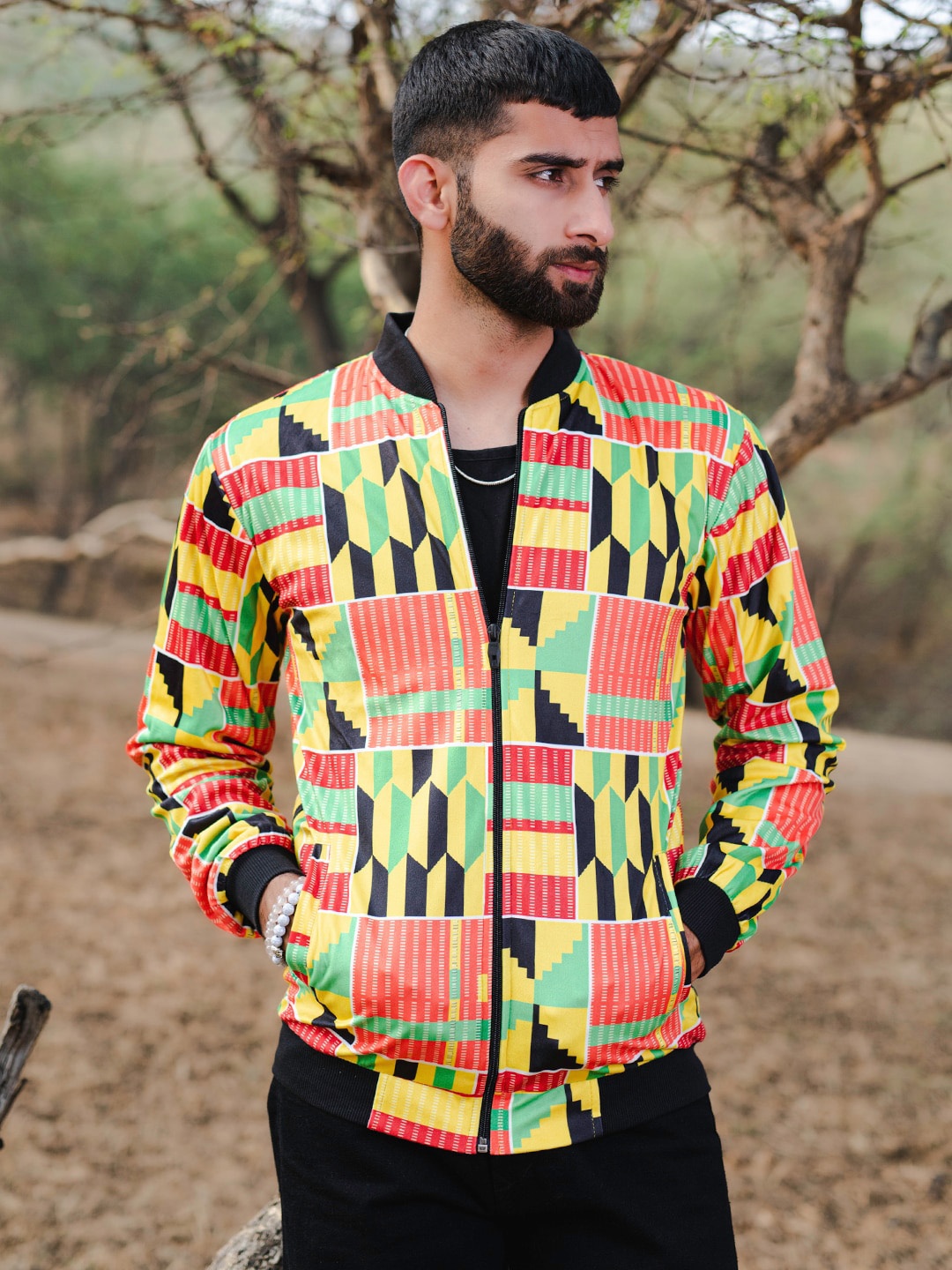 Tistabene Abstract Printed Lightweight Velvet Bomber Jacket, Yellow