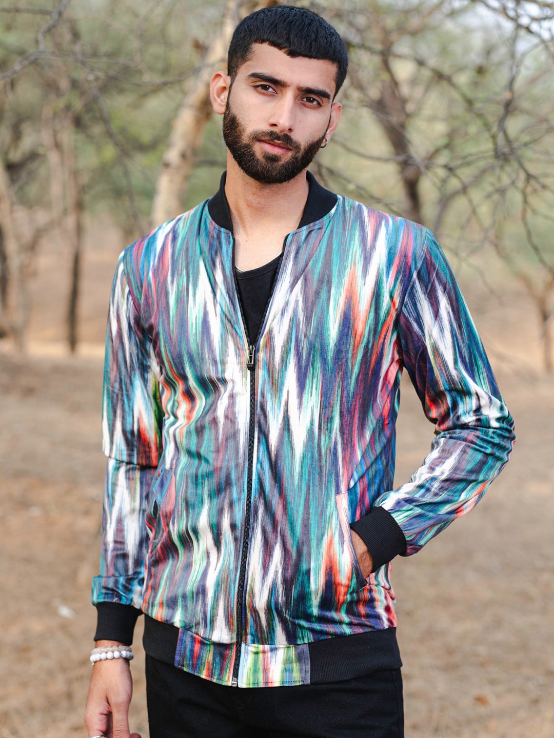 

Tistabene Abstract Printed Lightweight Velvet Bomber Jacket, Blue