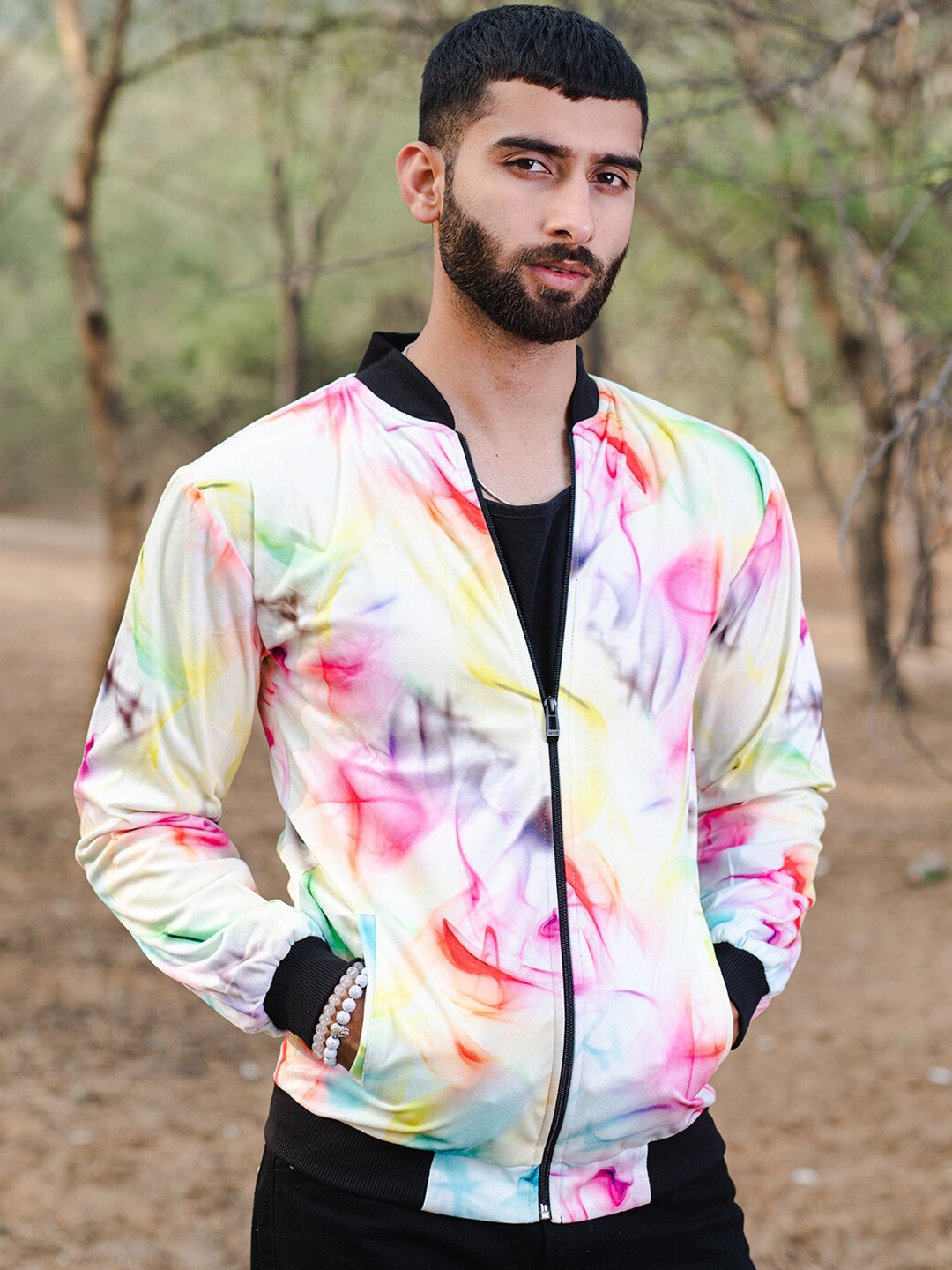 

Tistabene Abstract Printed Lightweight Velvet Bomber Jacket, White