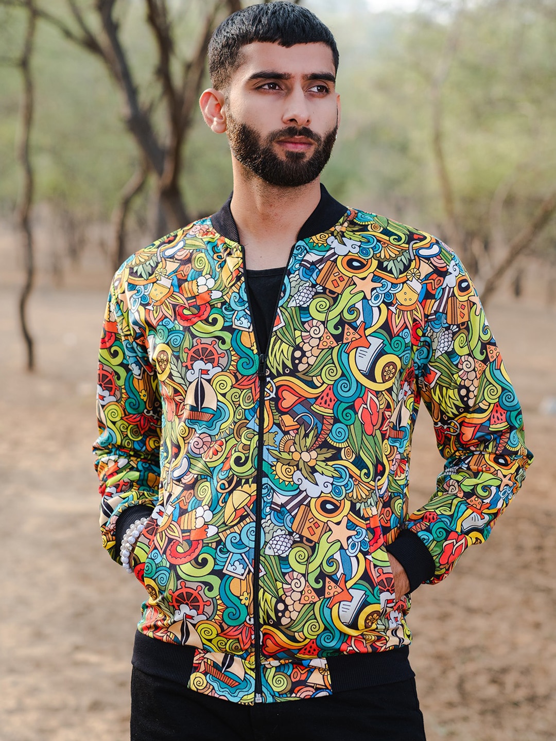 

Tistabene Abstract Printed Lightweight Velvet Bomber Jacket, Black