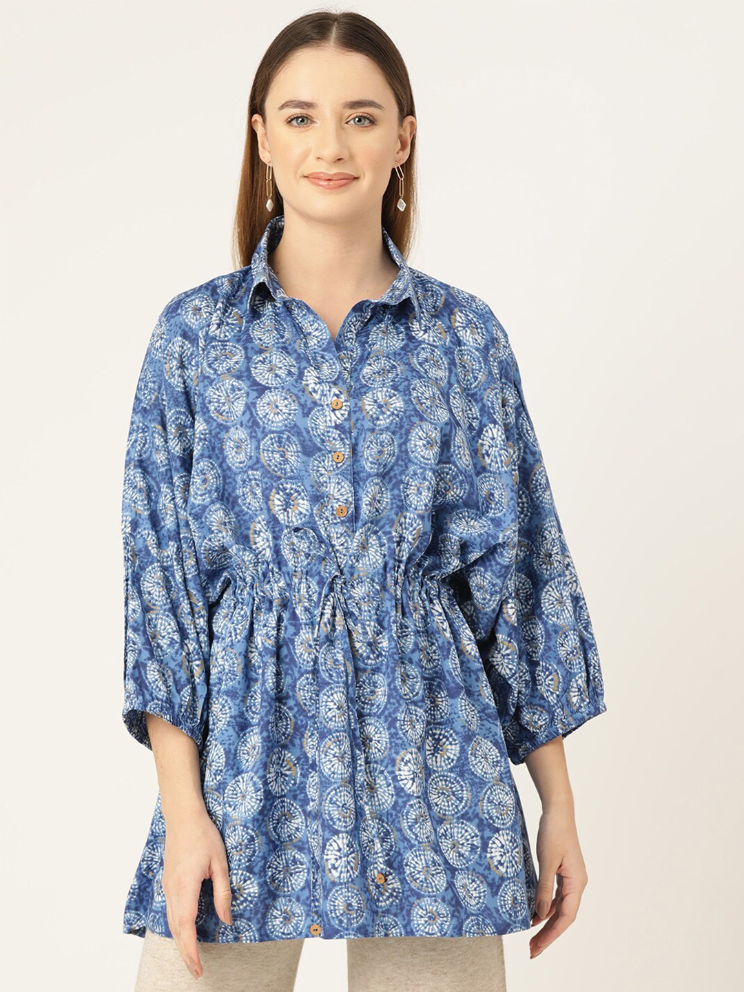 

Jaipur Morni Floral Printed Cotton Shirt Style Longline Pure Cotton Top, Blue