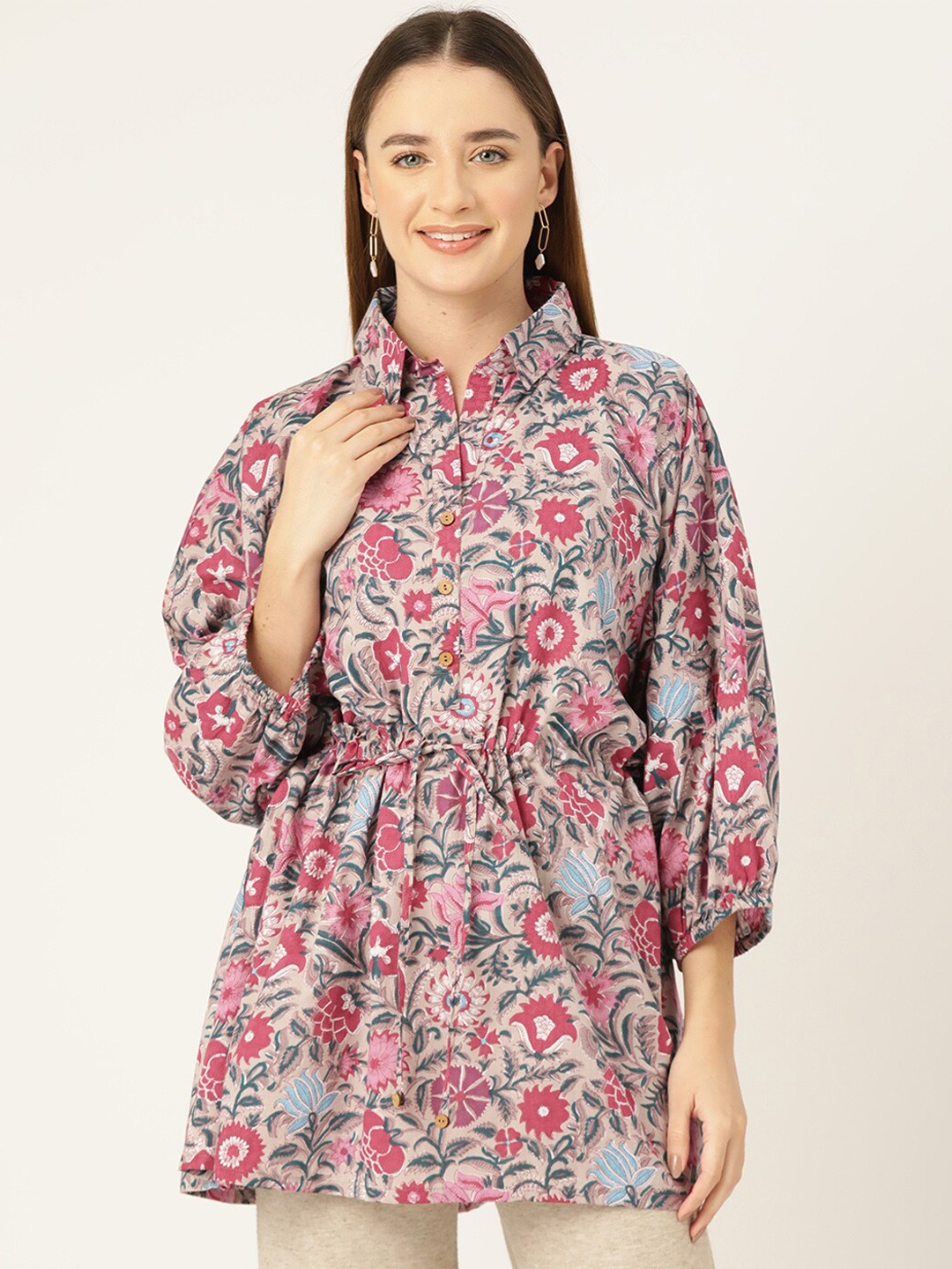 

Jaipur Morni Floral Printed Cuffed Sleeves Cotton Cinched Waist Top, Grey