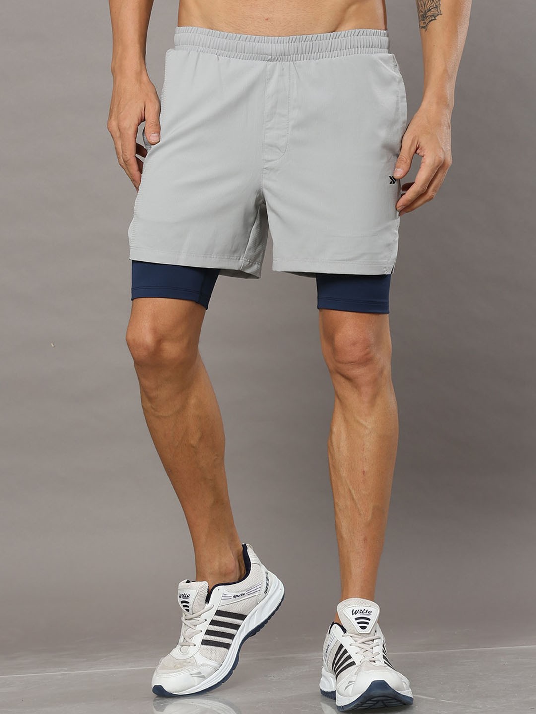 

JOLGER Men Skinny Fit Running Mid Rise Shorts with Inner Tights, Grey