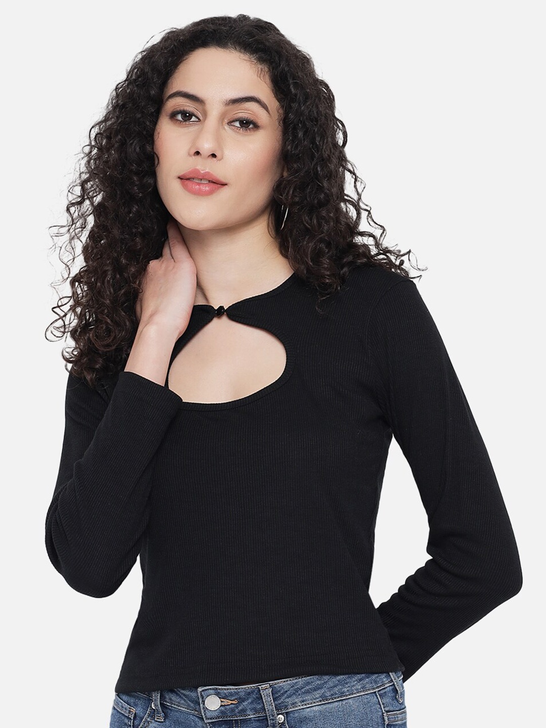 

Trend Arrest Keyhole Neck Long Sleeves Cotton Fitted Top, Black