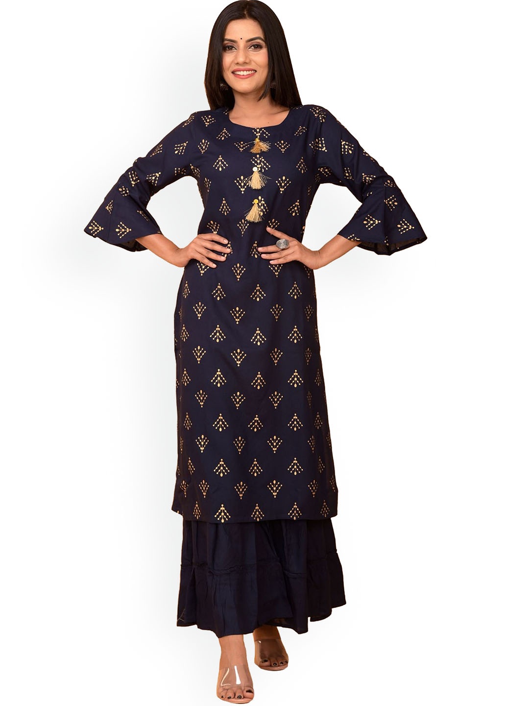 

BAESD Ethnic Motifs Printed Bell Sleeves Kurta with Sharara, Blue