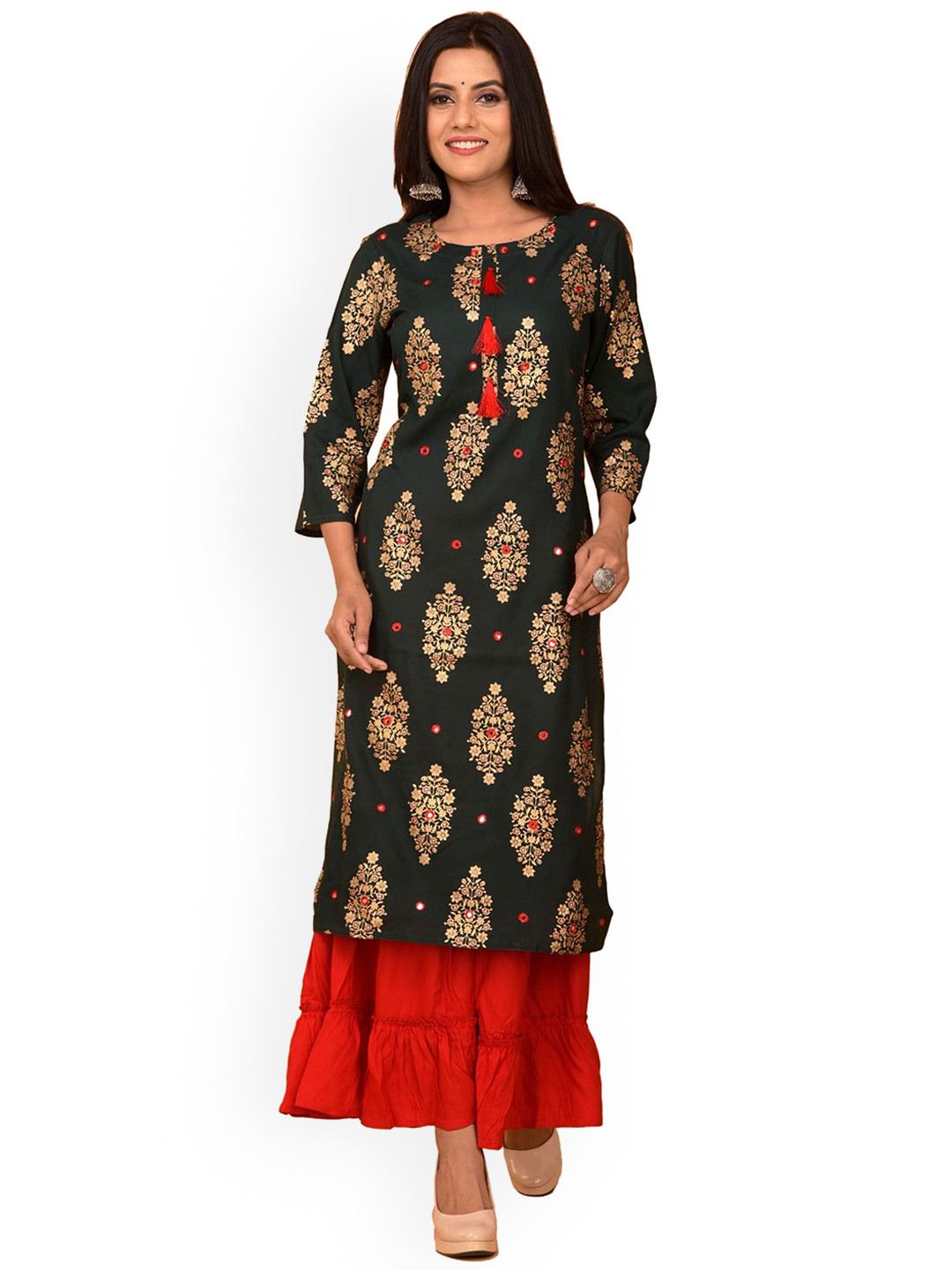 

BAESD Ethnic Motifs Foil Printed Mirror Work Detailed Straight Kurta With Sharara, Green