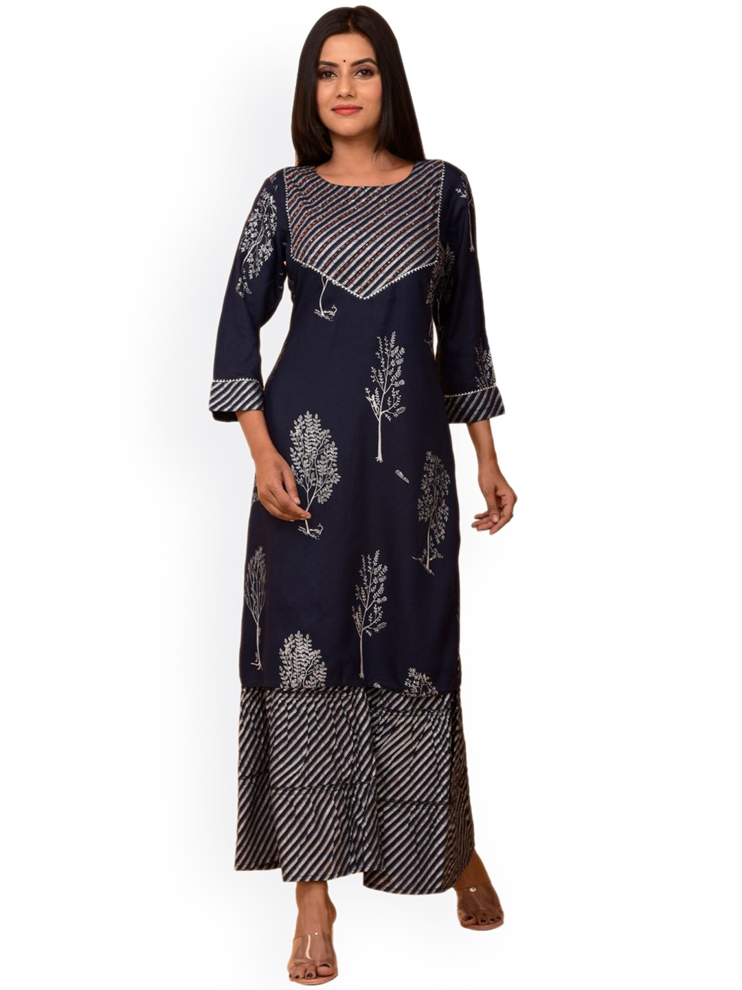 

BAESD Ethnic Motifs Printed Gotta Patti Detailed Straight Kurta With Sharara, Navy blue