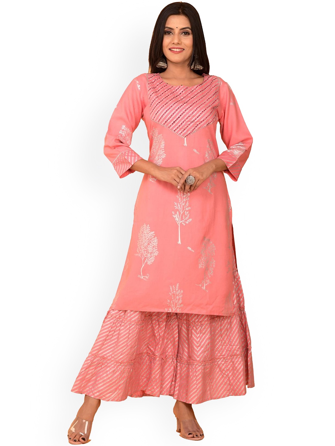 

BAESD Ethnic Motifs Printed Gotta Patti Detailed Straight Kurta With Sharara, Peach