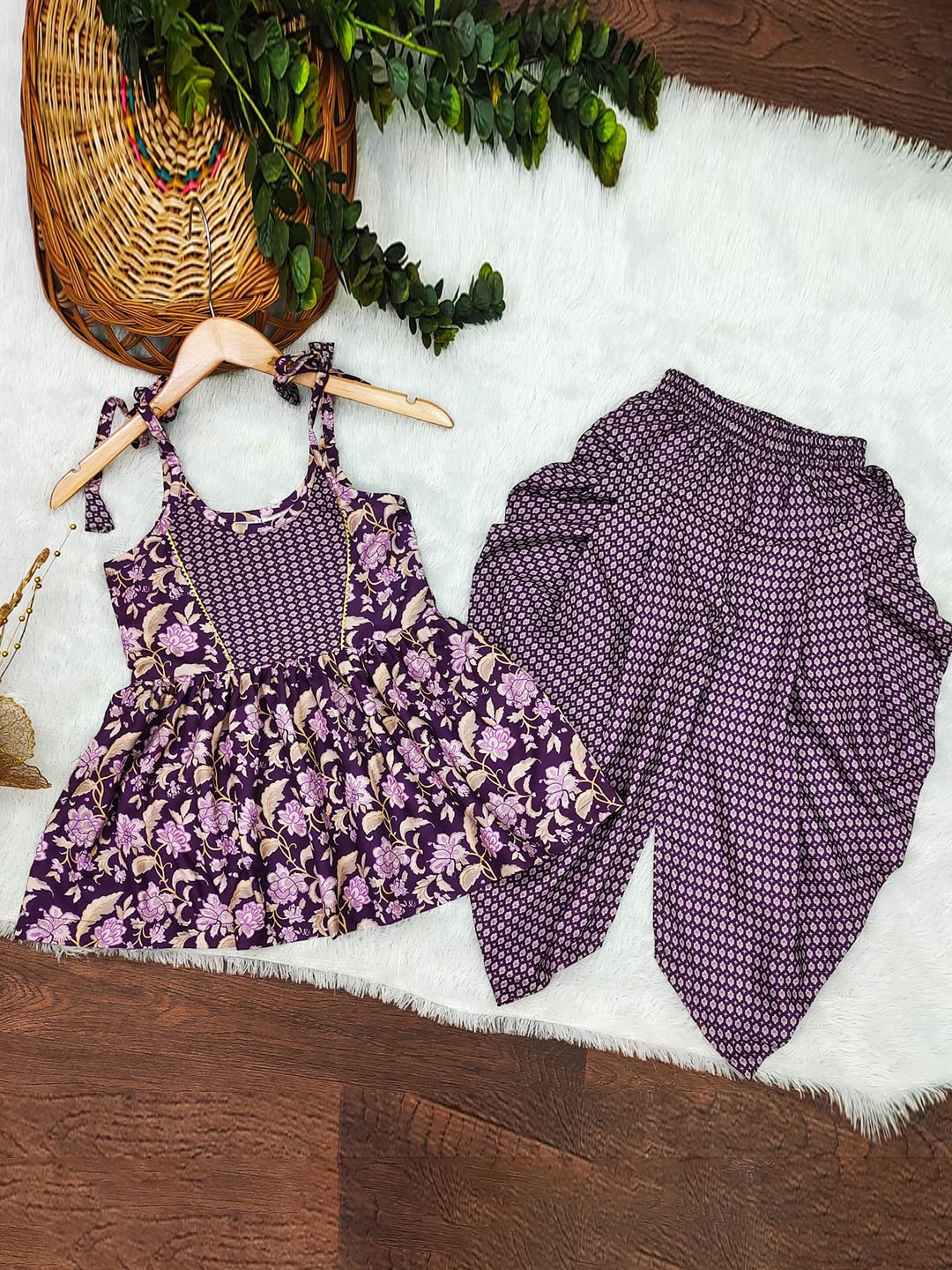 

BAESD Girls Floral Printed Gotta Patti Detailed A-Line Kurta With Dhoti Pant, Purple