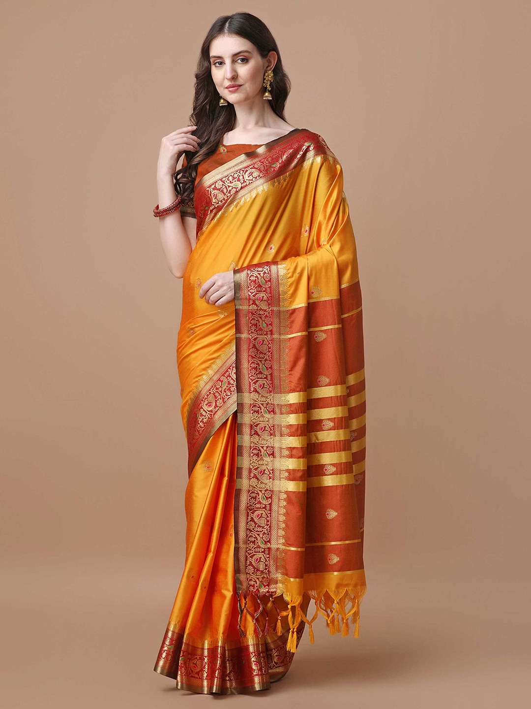 

Mitera Orange Ethnic Motifs Woven Design Silk Cotton Paithani Saree