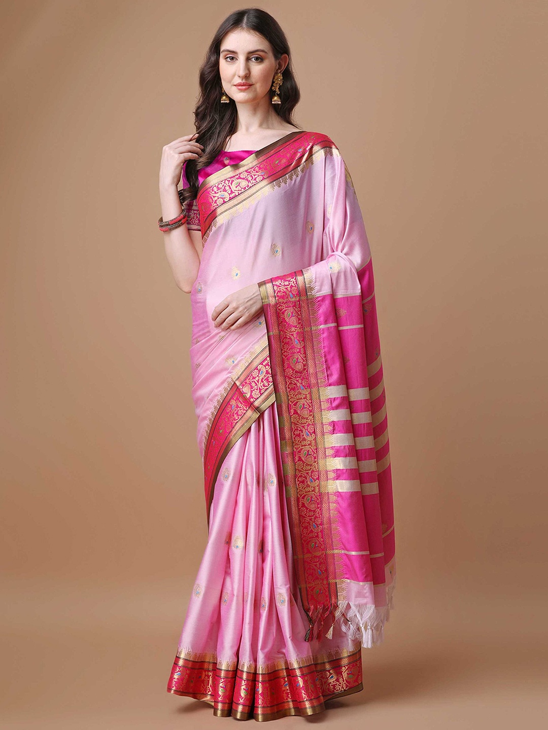 

Mitera Pink Ethnic Motif Woven Design Silk Cotton Paithani Saree