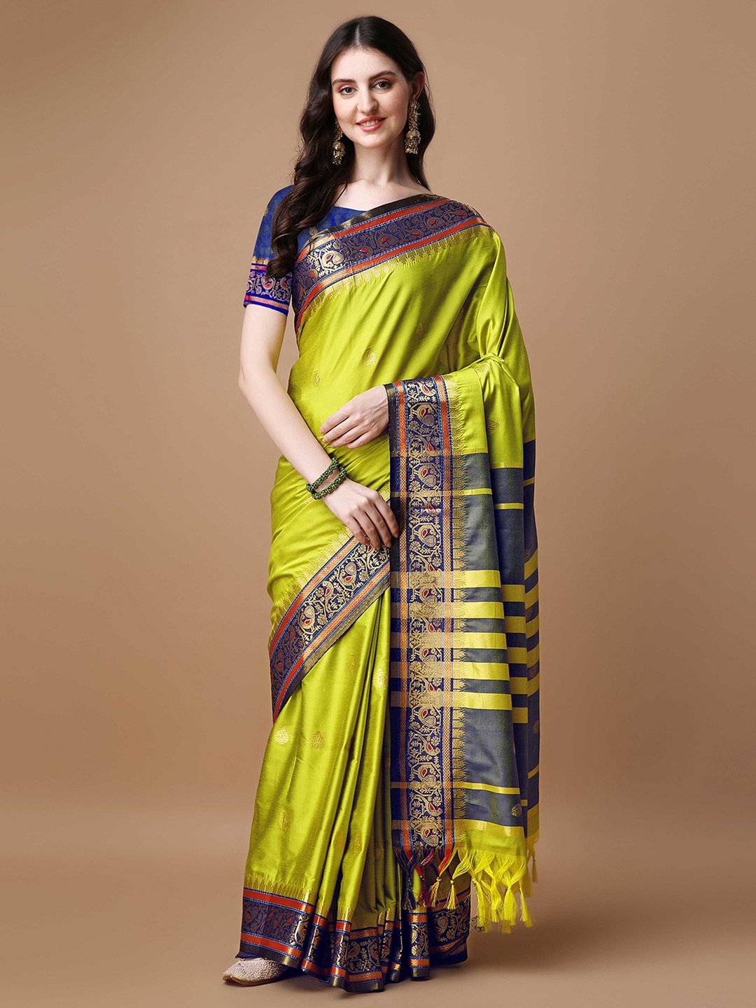 

Mitera Olive Green Ethnic Motifs Woven Design Silk Cotton Paithani Saree