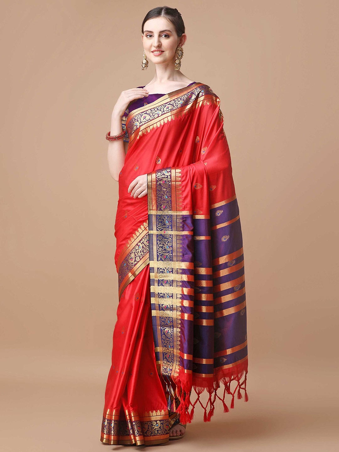 

Mitera Red Ethnic Motifs Woven Design Zari Silk Cotton Paithani Saree