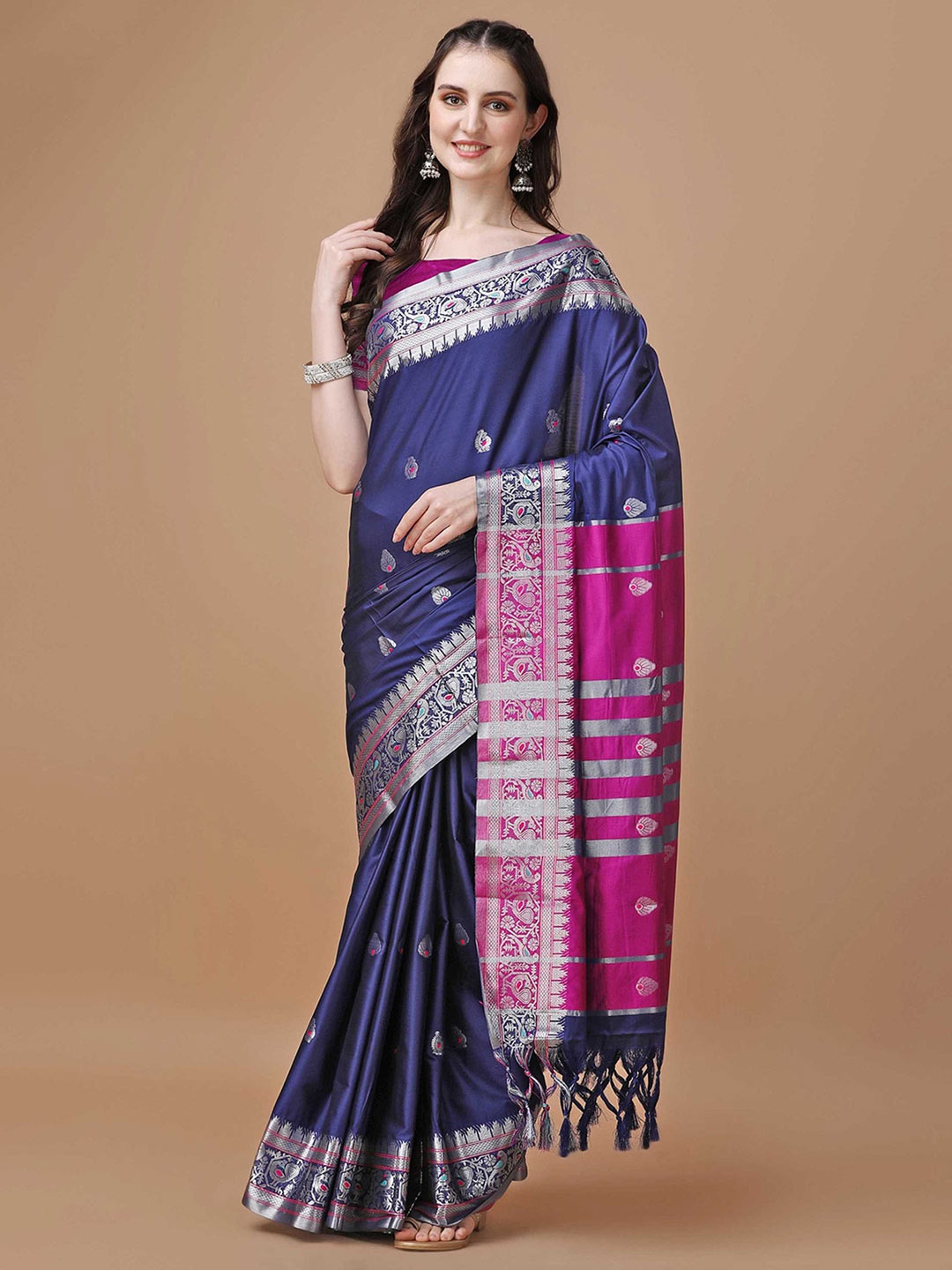 

Mitera Navy Blue Ethnic Motif Woven Design Silk Cotton Paithani Saree