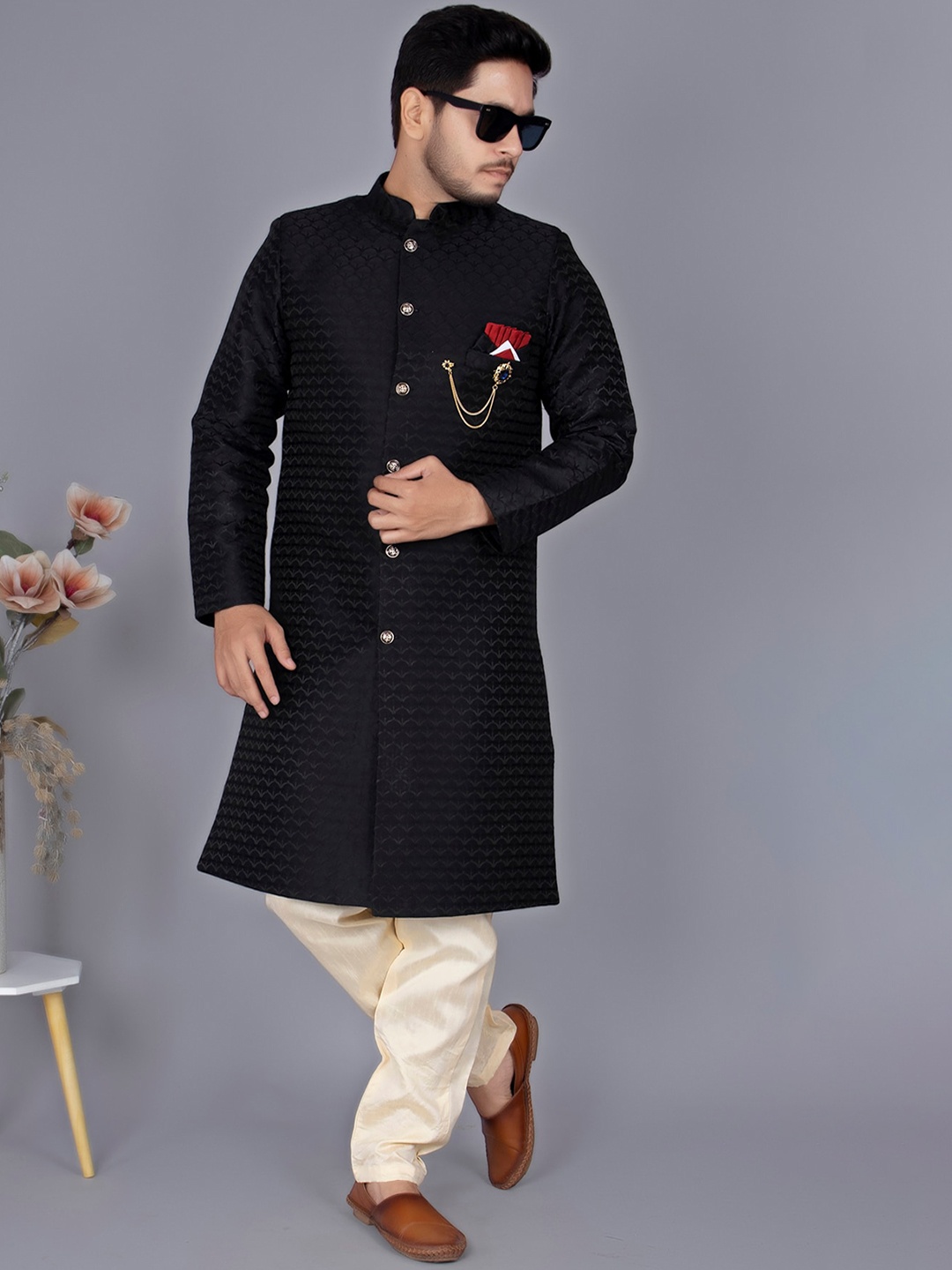 

amzira Self Design Cotton Sherwani Set, Black
