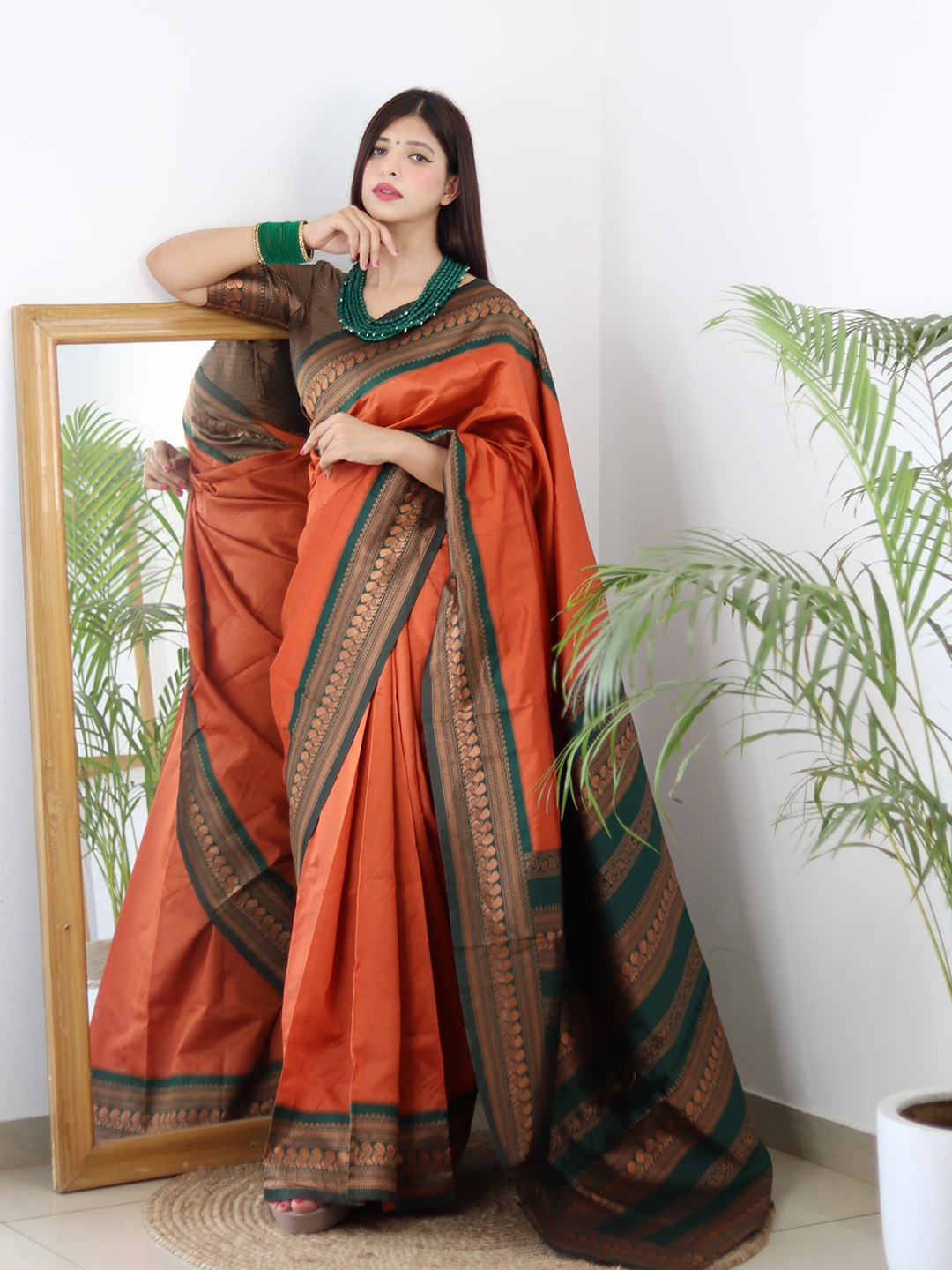 

ALMAARI FASHION Ethnic Motifs Woven Design Zari Pure Silk Kanjeevaram Saree, Orange
