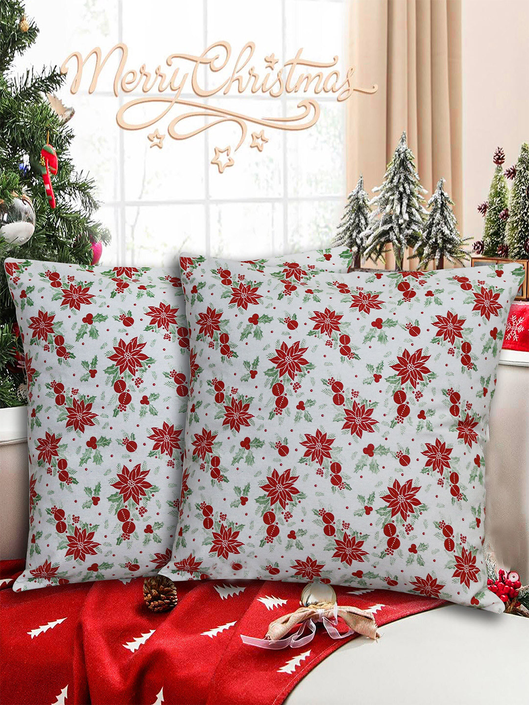 

HOME COLORS.IN White & Red 2 Pieces Square Cushion Covers