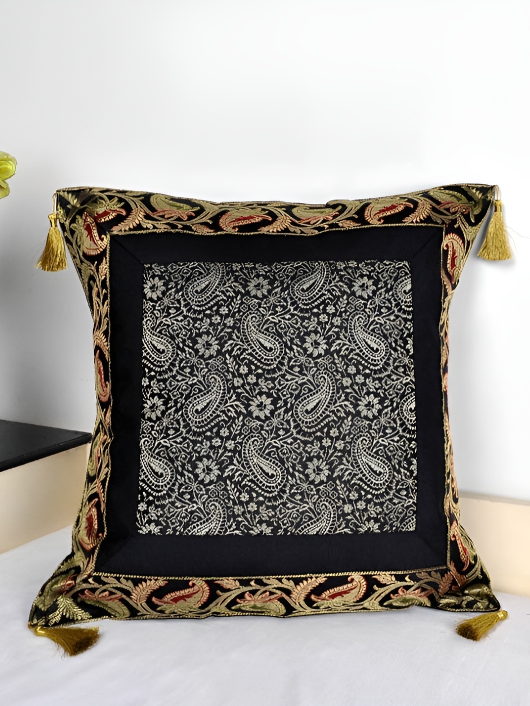 

Lal Haveli Black & Gold Toned Ethnic Motifs Square Cushion Cover