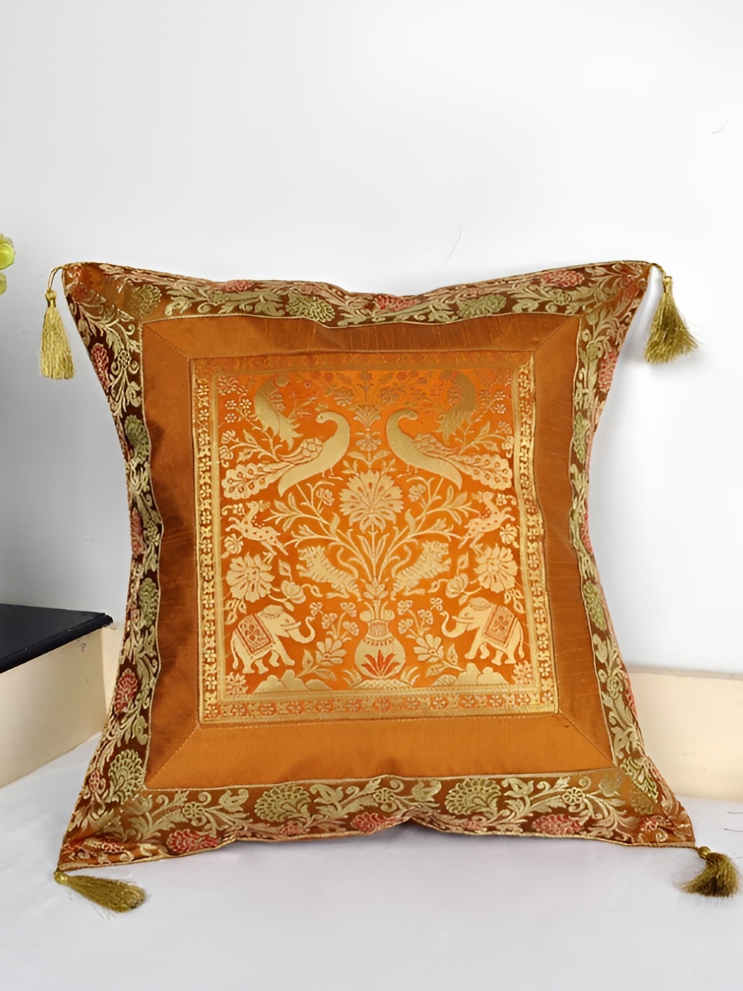 

Lal Haveli Gold-Toned Ethnic Motifs Silk Square Cushion Cover