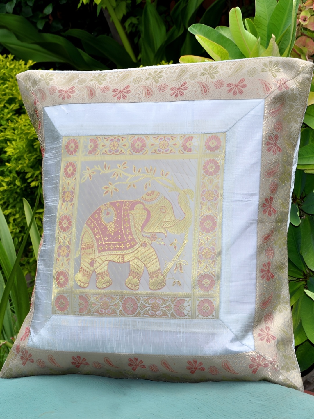 

Lal Haveli Grey Ethnic Motifs Silk Square Cushion Cover