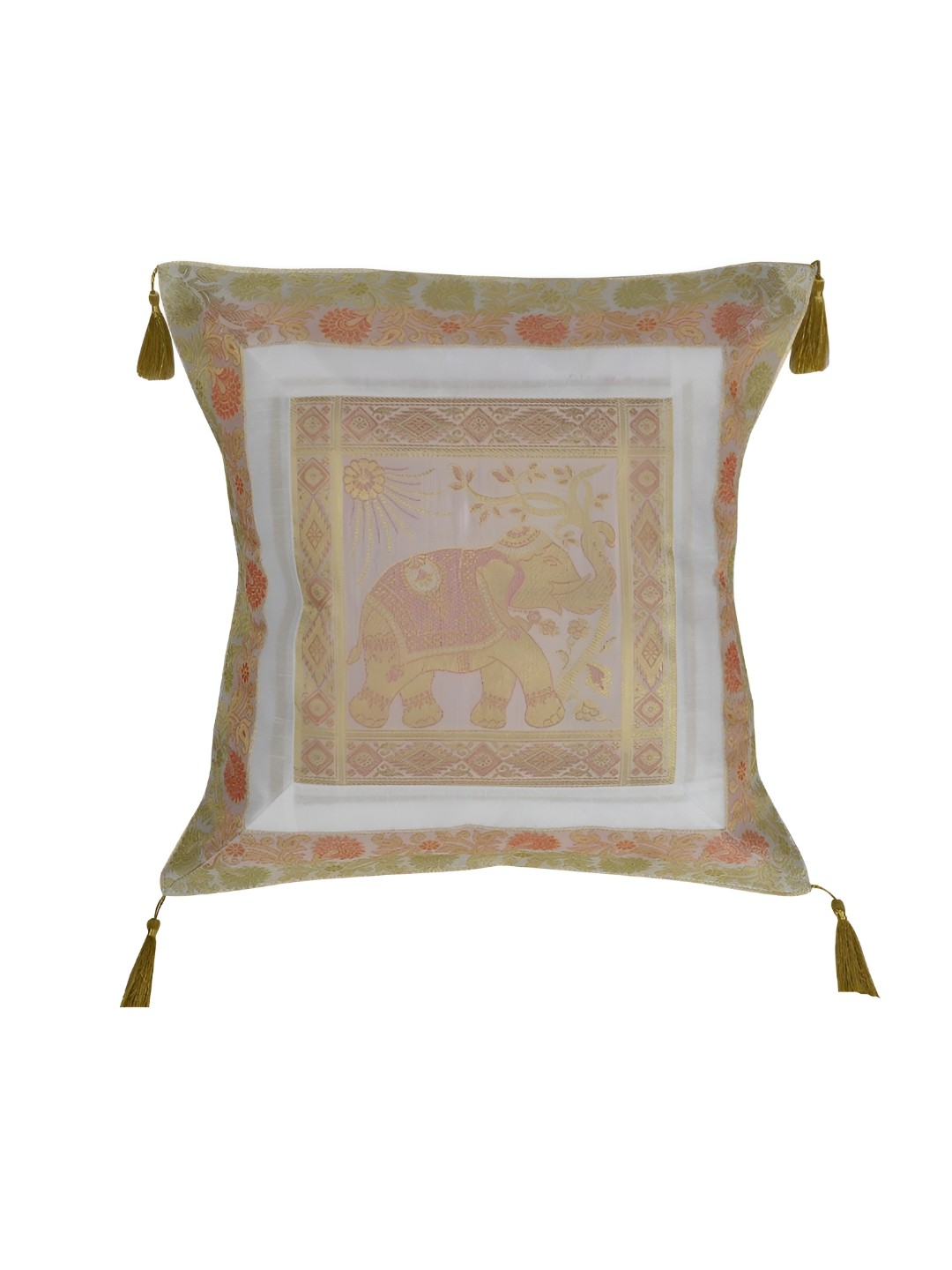 

Lal Haveli White Ethnic Motifs Silk Square Cushion Cover