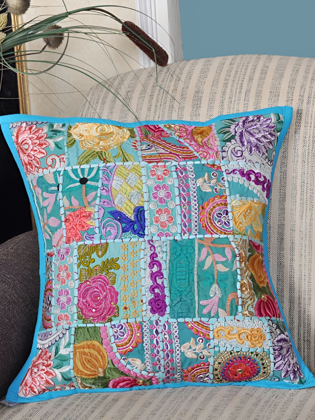 

Lal Haveli Turquoise Blue & Green Embroidered Square Cushion Cover