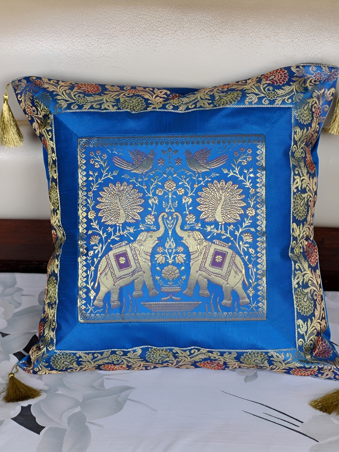 

Lal Haveli Turquoise Blue Ethnic Motifs Silk Square Cushion Cover