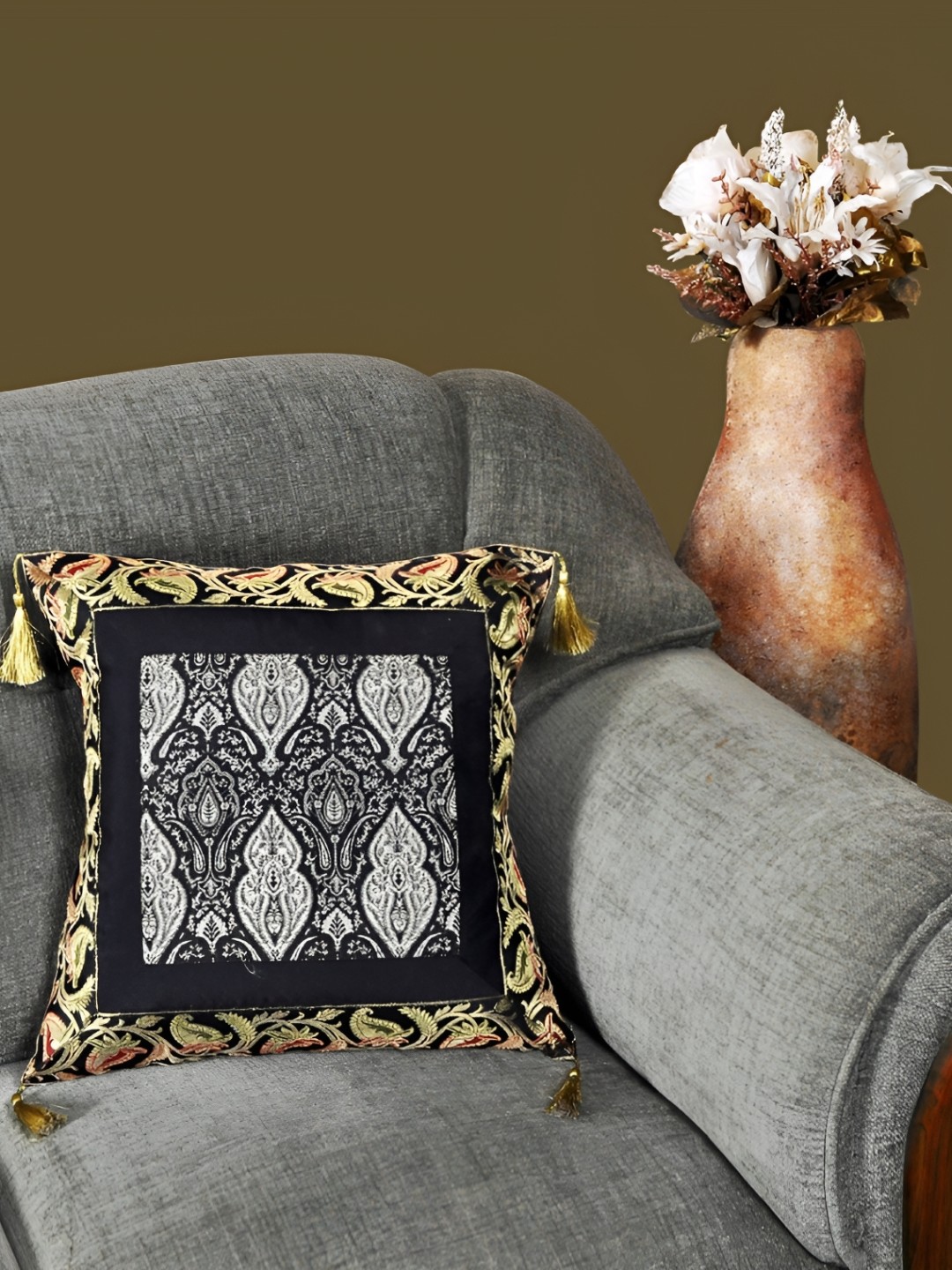 

Lal Haveli Black Ethnic Motifs Silk Square Cushion Cover