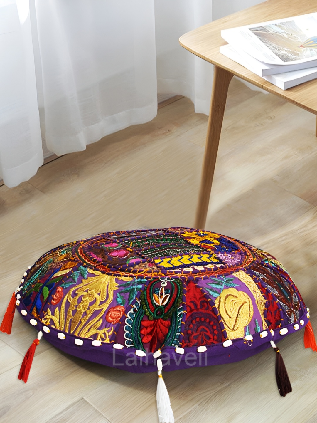 

Lal Haveli Purple & Yellow Embroidered Round Cushion Cover