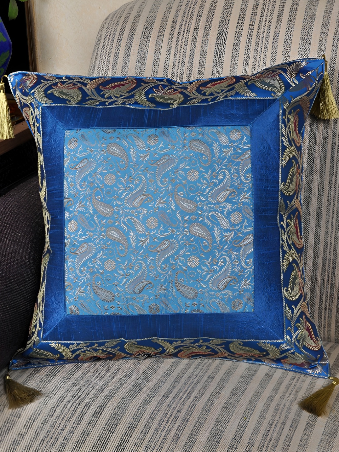 Lal Haveli Turquoise Blue Ethnic Motifs Silk Square Cushion Cover