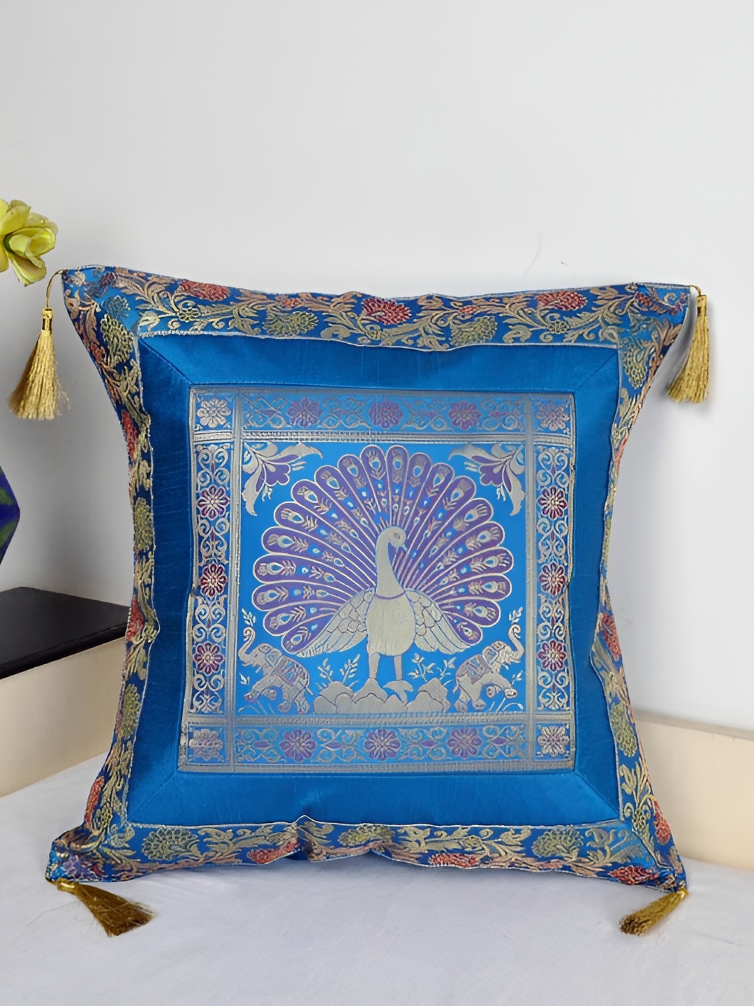 Lal Haveli Blue & Gold Toned Ethnic Motifs Square Cushion Cover