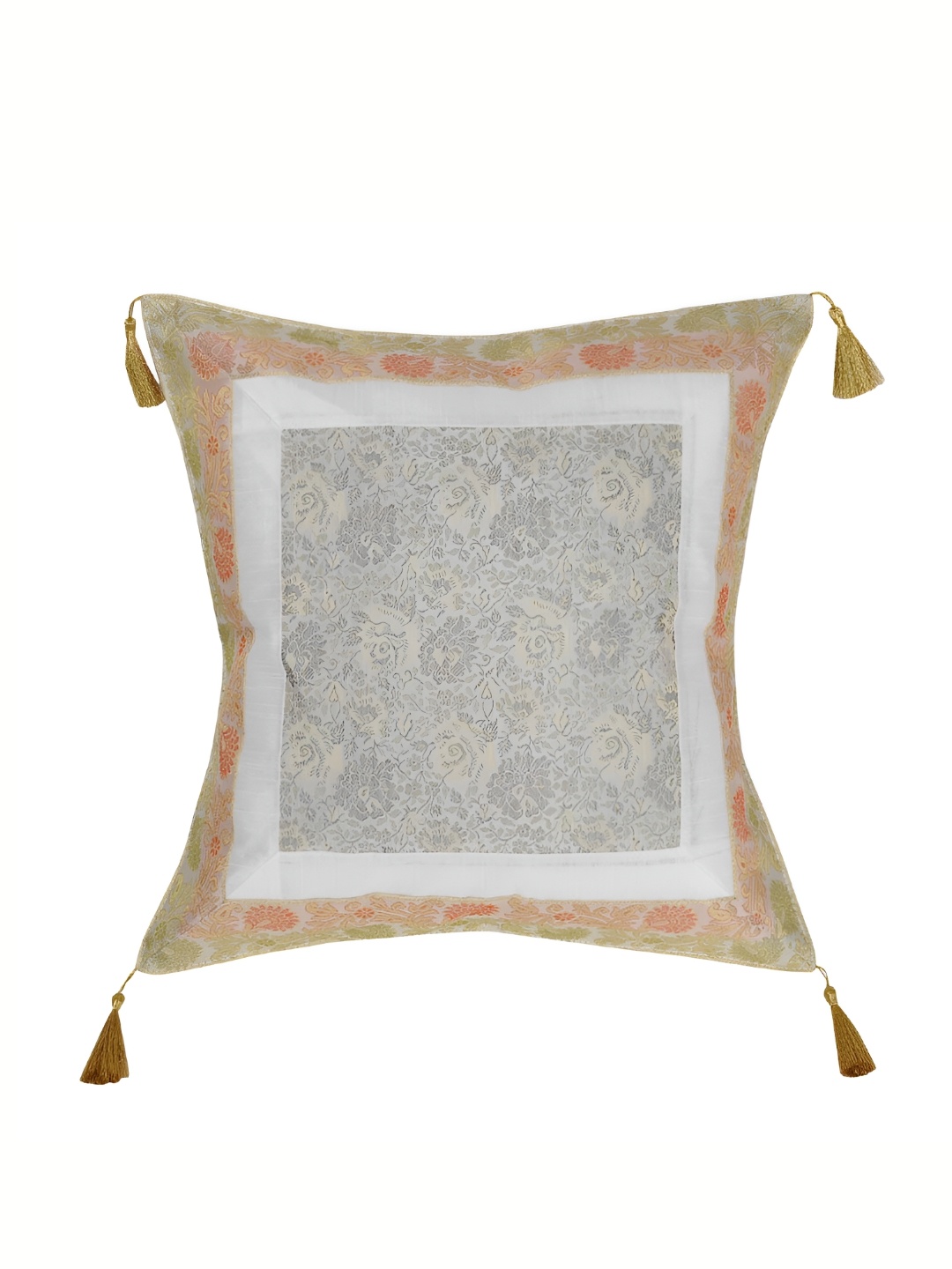 

Lal Haveli White Ethnic Motifs Silk Square Cushion Cover