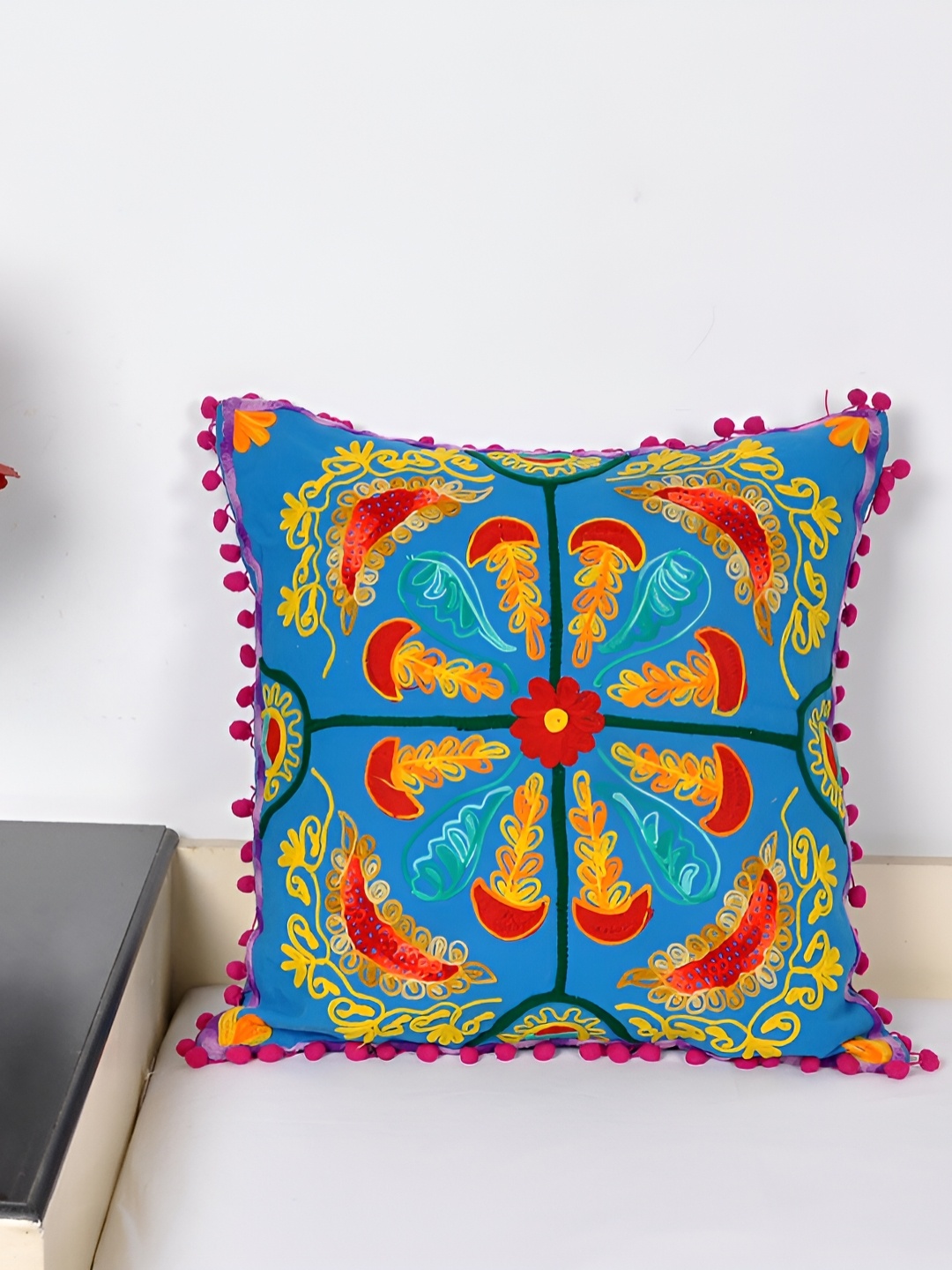 

Lal Haveli Turquoise Blue & Red Ethnic Motifs Square Cushion Cover