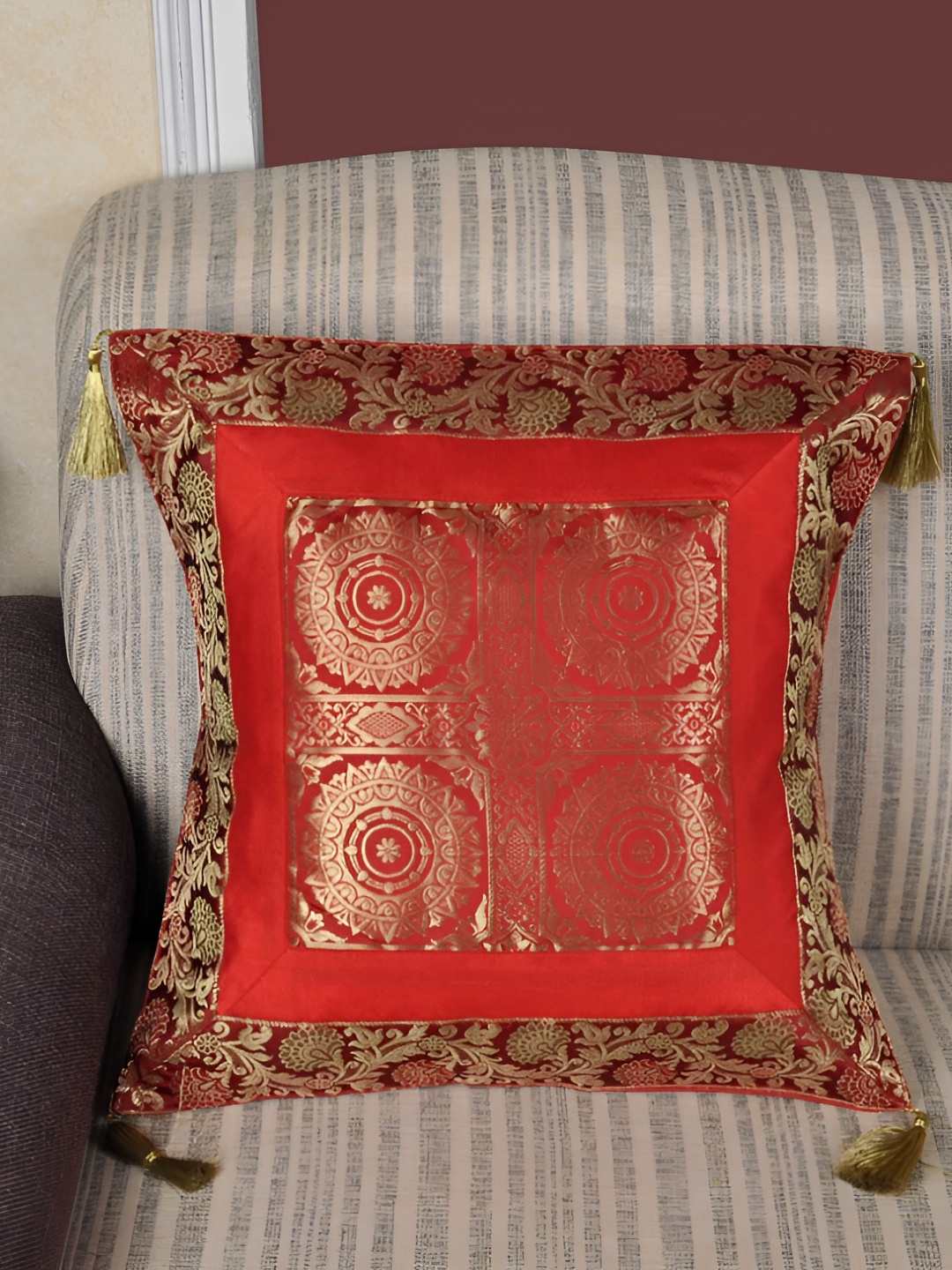 Lal Haveli Red & Gold Toned Ethnic Motifs Square Cushion Cover