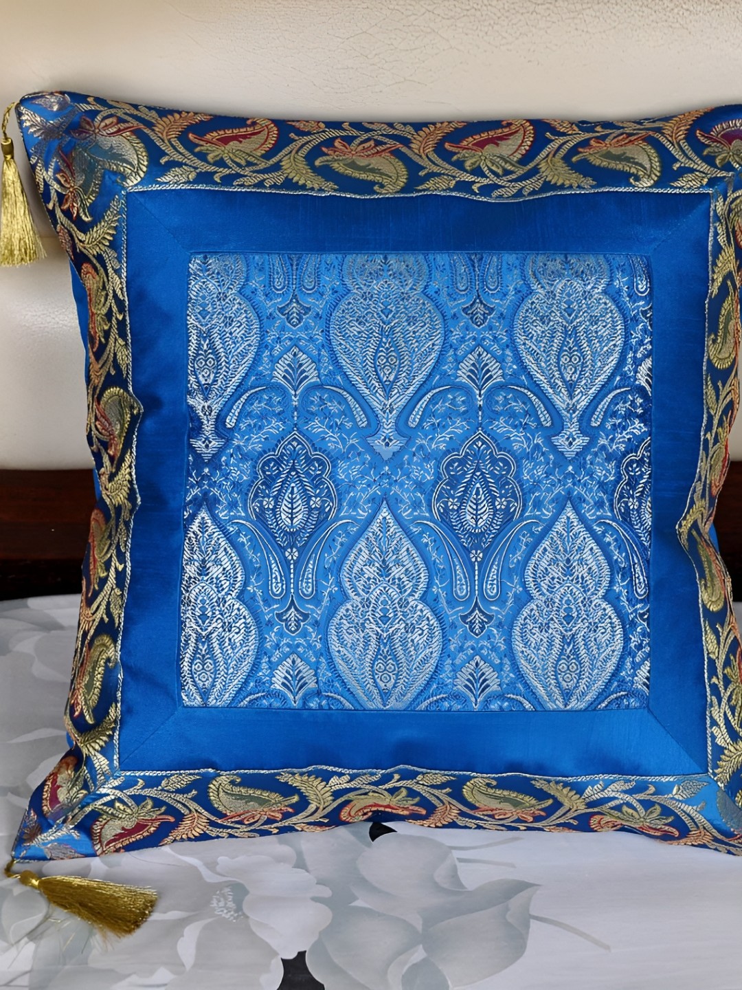 Lal Haveli Turquoise Blue & Gold Toned Ethnic Motifs Square Cushion Cover