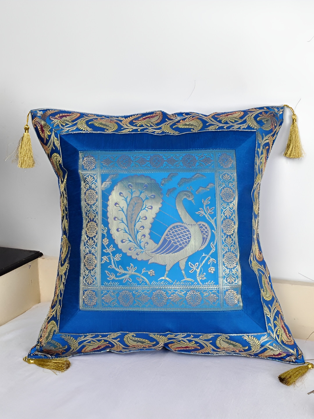 

Lal Haveli Turquoise Blue & Gold Toned Ethnic Motifs Square Cushion Cover