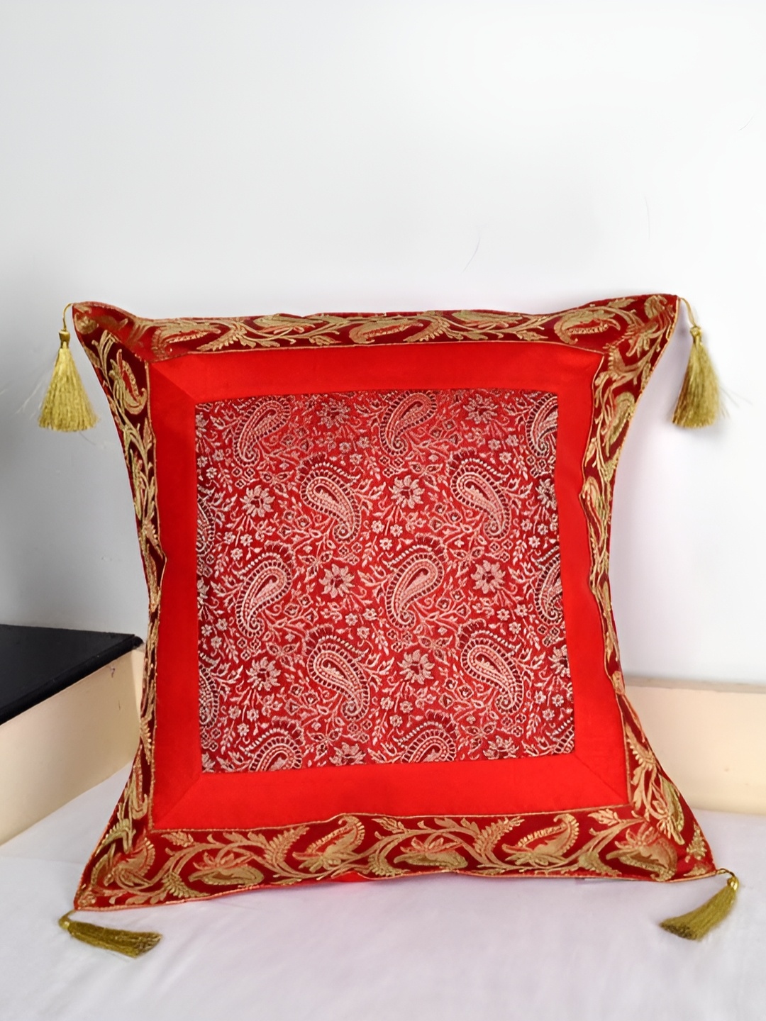 Lal Haveli Red & Gold Toned Ethnic Motifs Square Cushion Cover