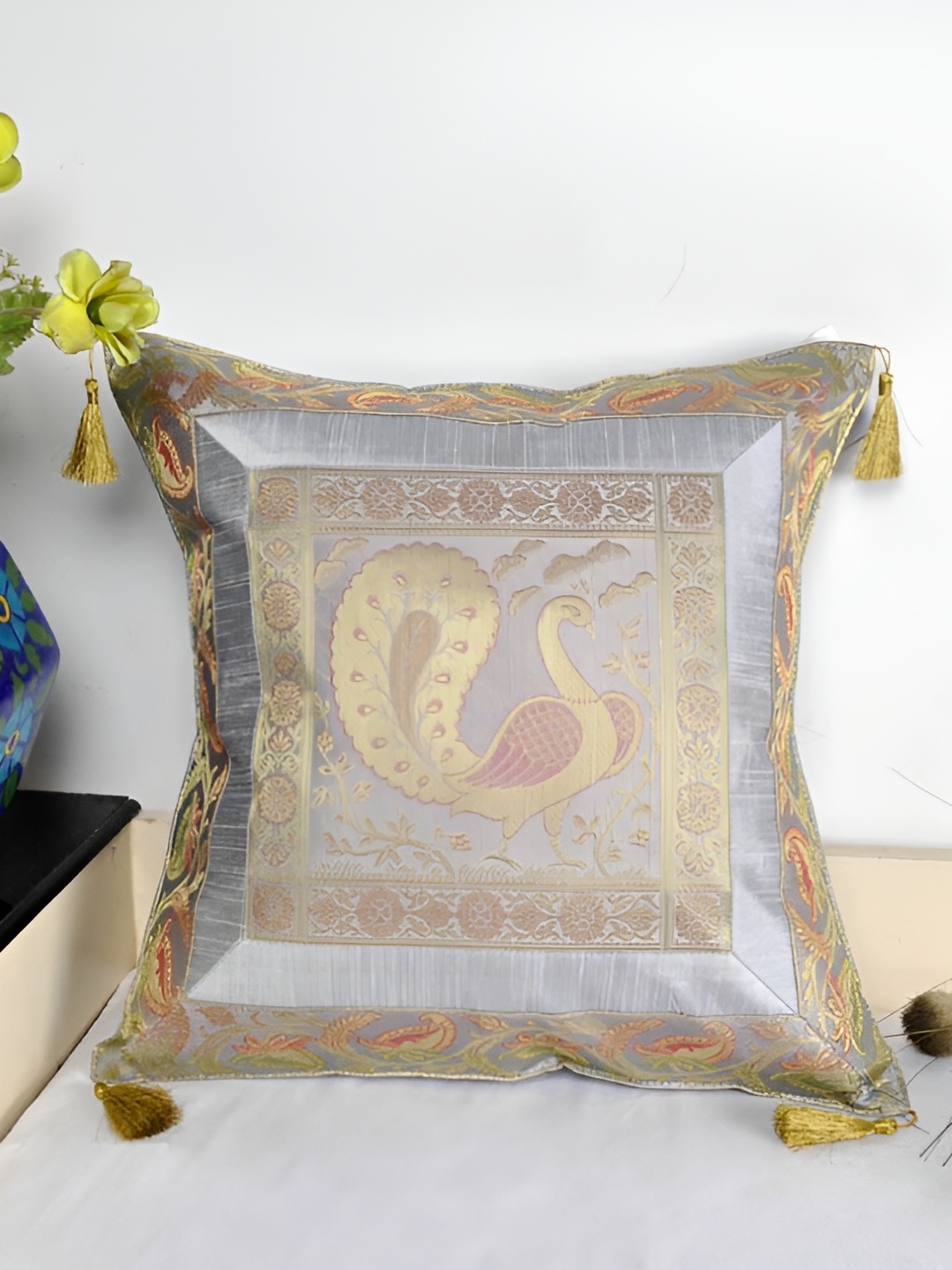 

Lal Haveli Grey & Gold Toned Ethnic Motifs Square Cushion Cover