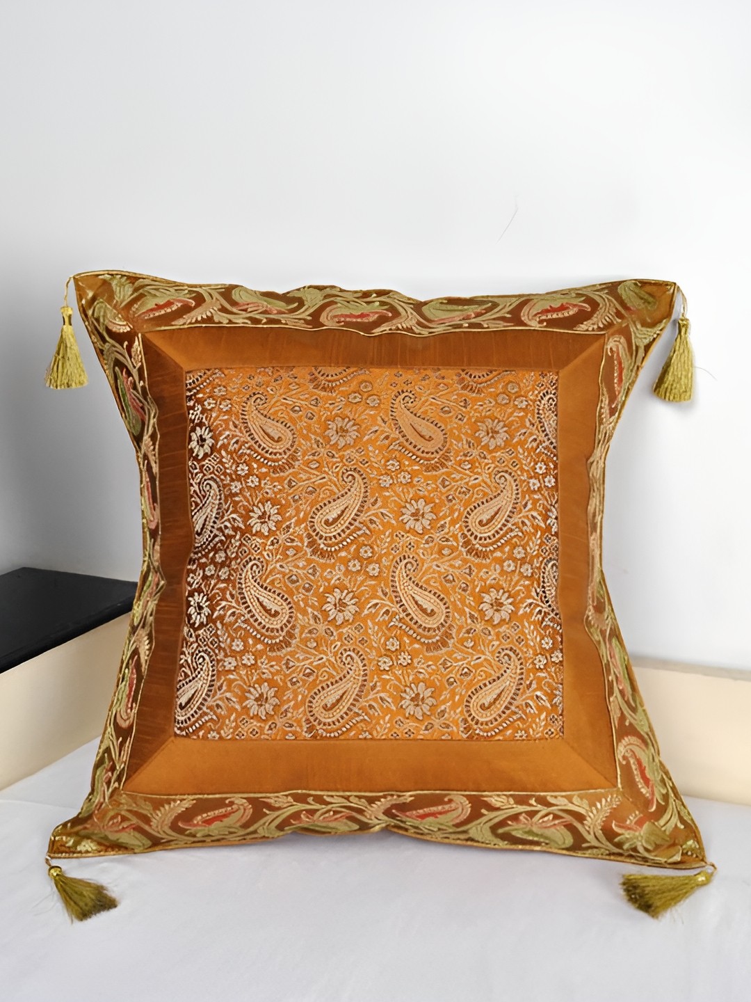 Lal Haveli Gold Toned & Brown Ethnic Motifs Square Cushion Cover