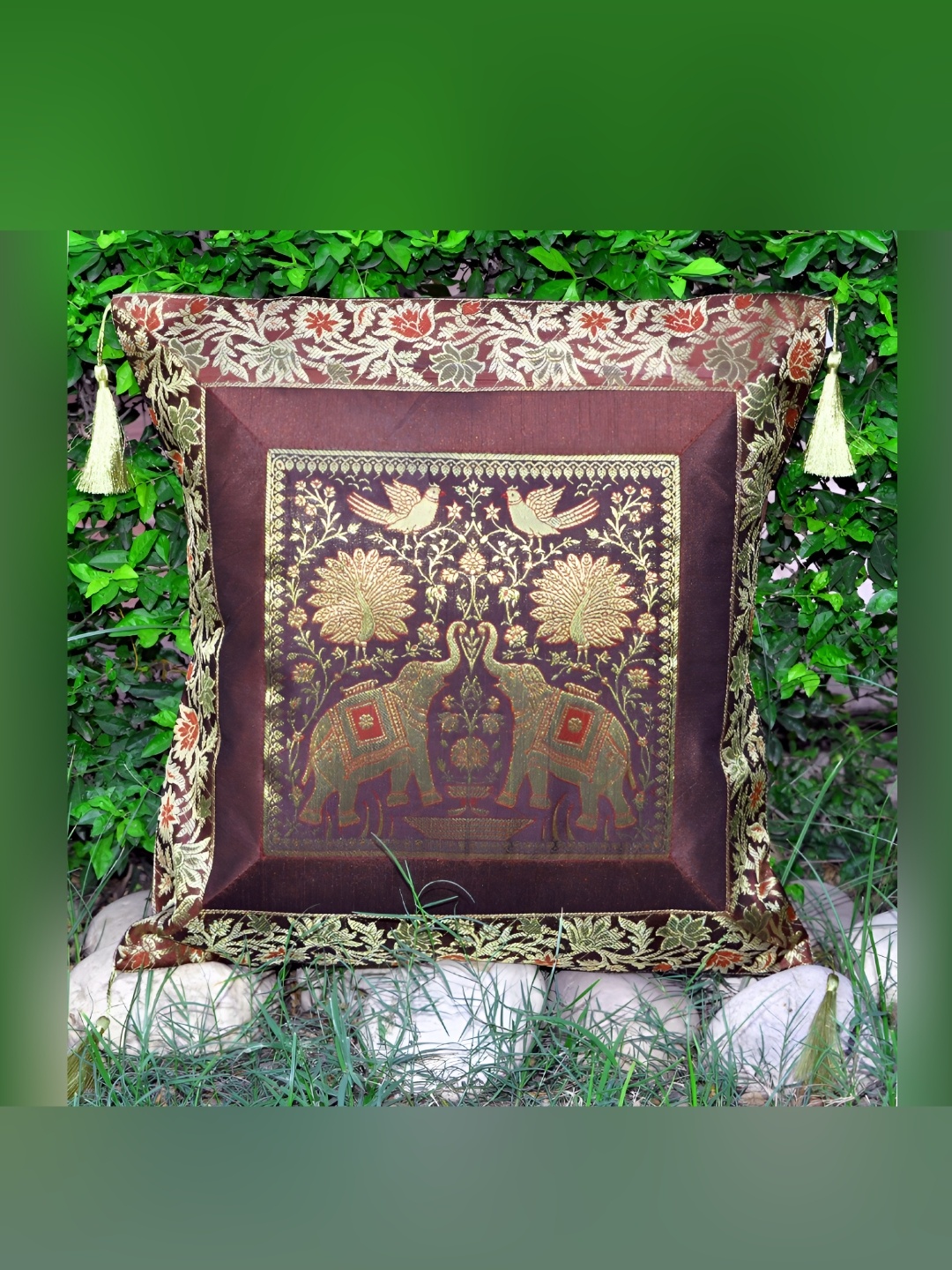 

Lal Haveli Brown & Gold-Toned Ethnic Motifs Silk Square Cushion Covers