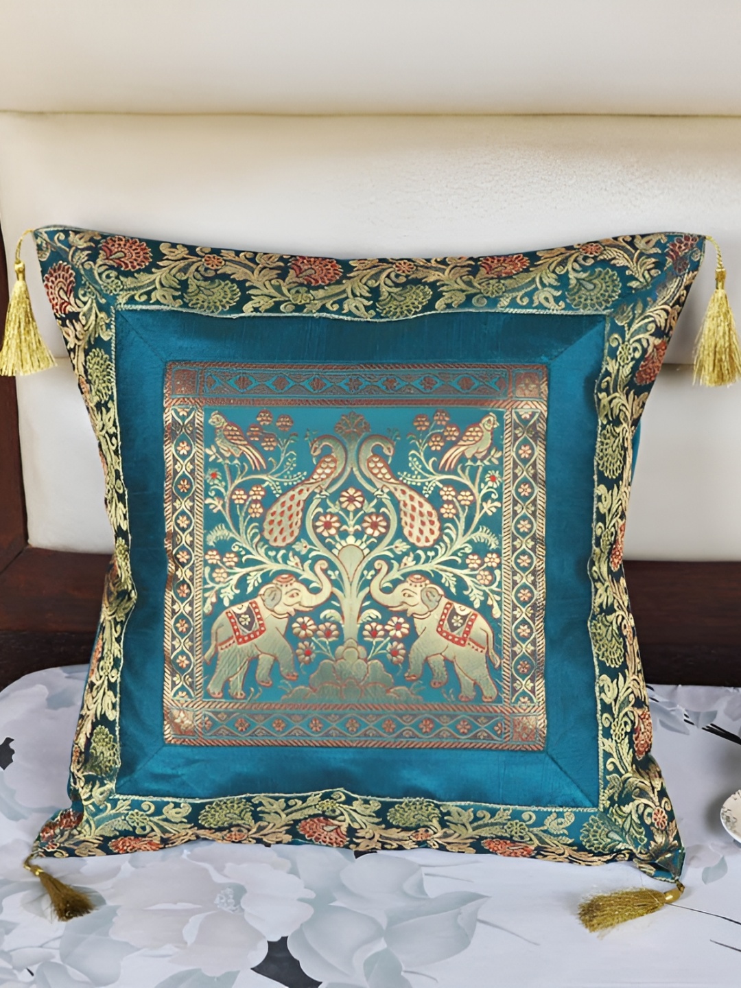 Lal Haveli Green & Gold Toned Ethnic Motifs Square Cushion Cover