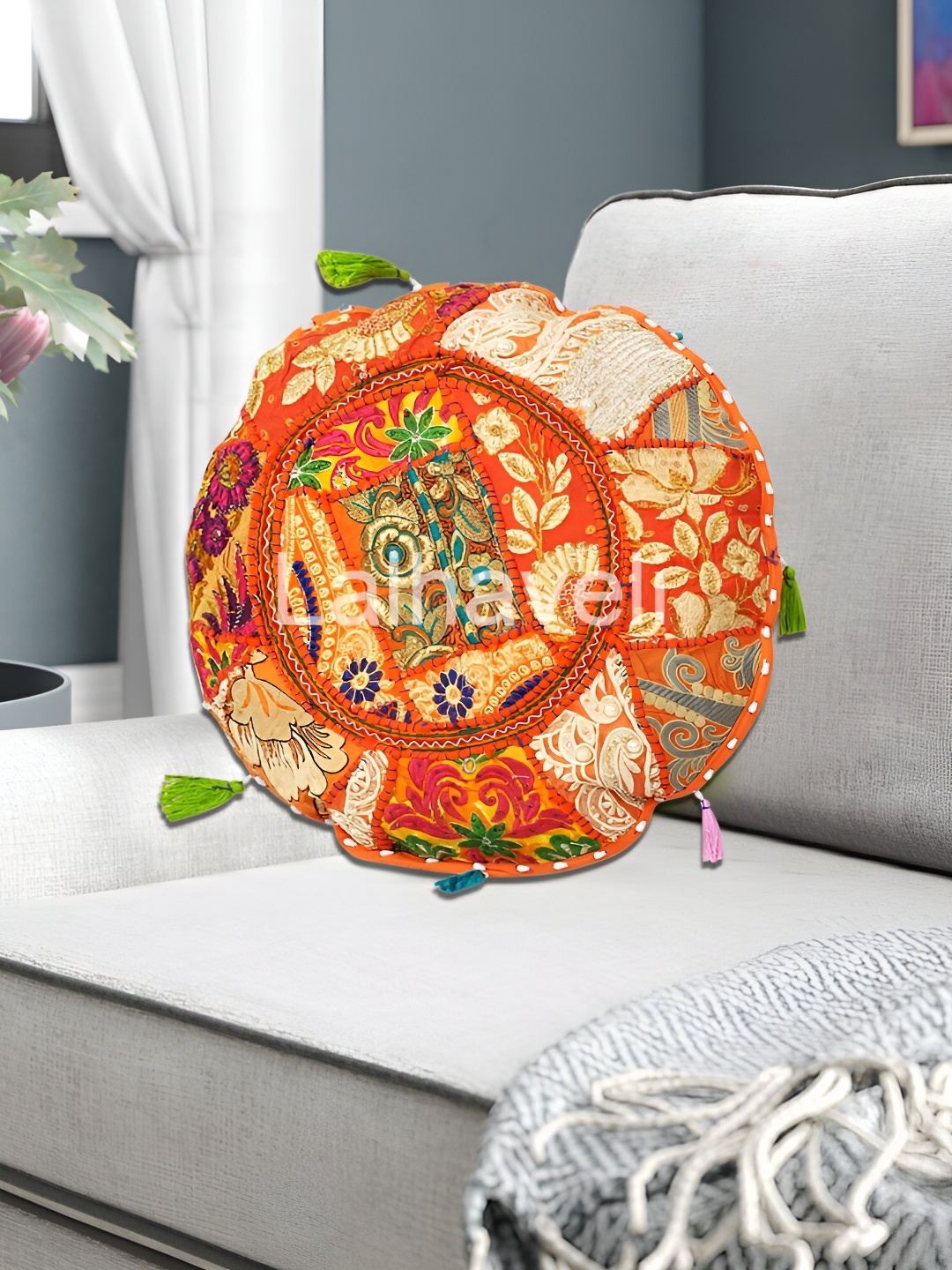 

Lal Haveli Orange Ethnic Motifs Silk Round Cushion Cover