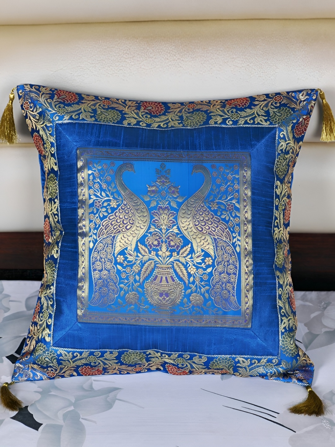 

Lal Haveli Turquoise Blue & Gold Toned Ethnic Motifs Square Cushion Cover
