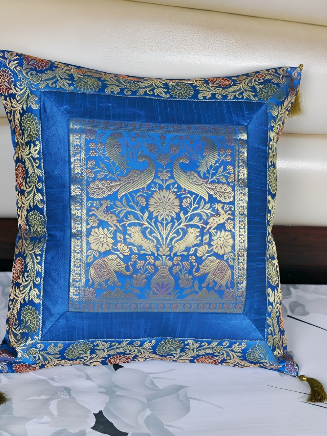 

Lal Haveli Turquoise Blue & Gold Toned Ethnic Motifs Square Cushion Cover